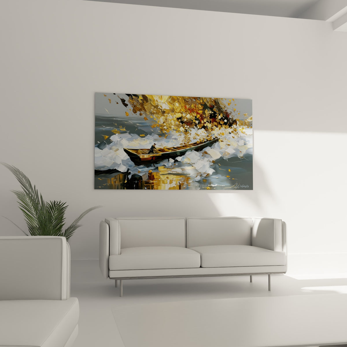 Vagues d'écume style Peinture abstrait blanches et anthracite au-dessus d'un canapé dans un salon lumineux