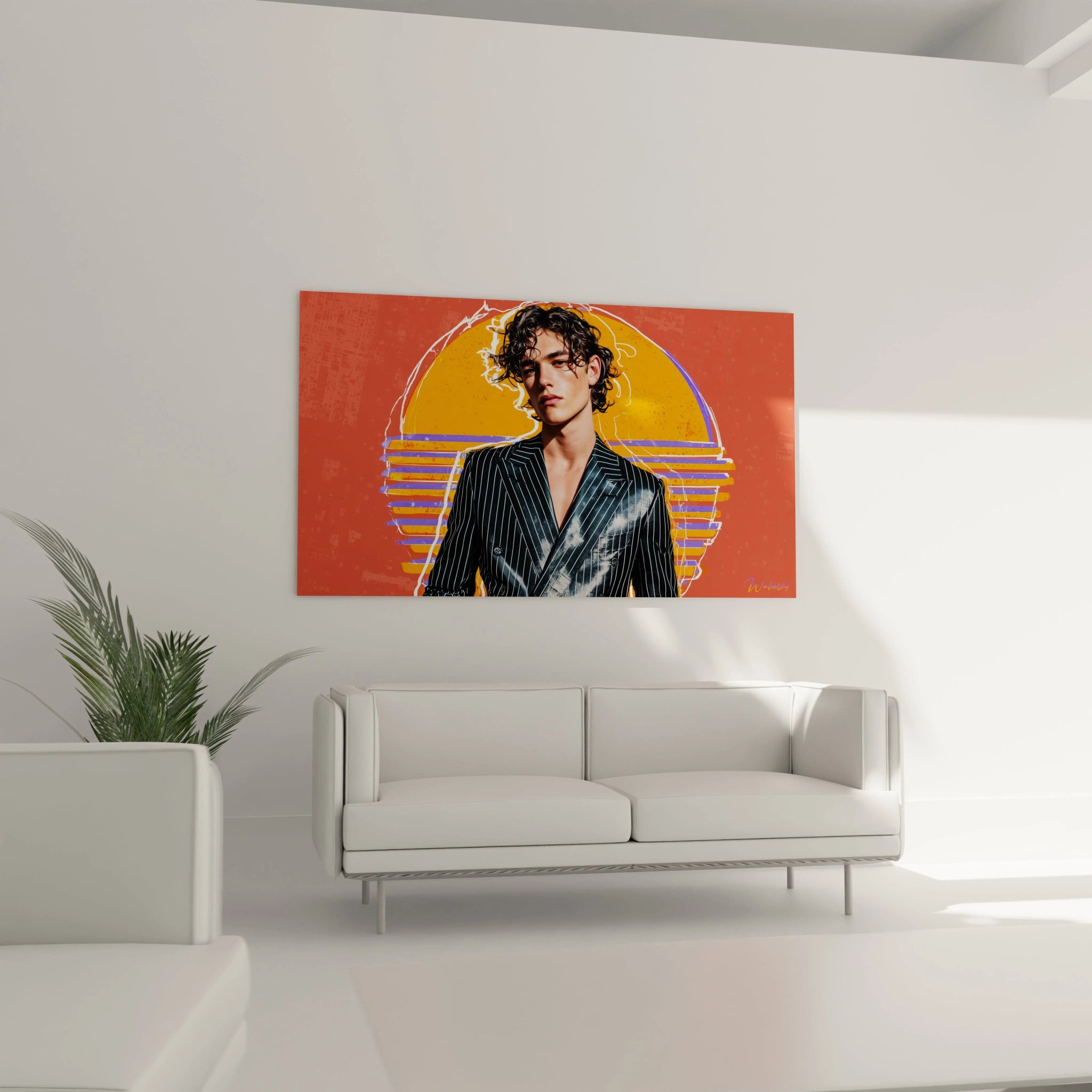 Tableau années 80 art contemporain de Walensky représentant un portrait coloré dans un décor moderne