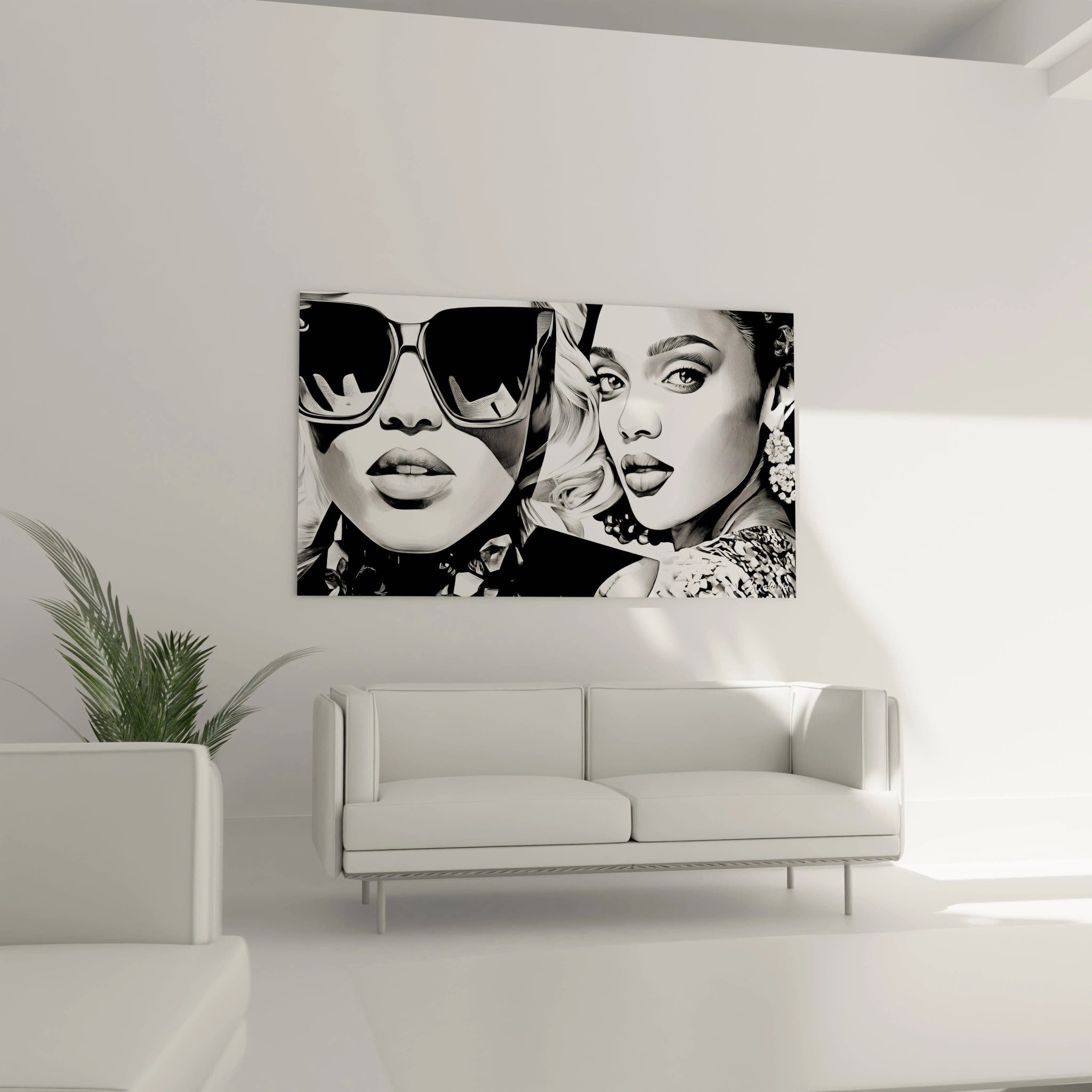 Tableau illustration de mode en noir et blanc avec deux femmes stylées portant des lunettes de soleil.