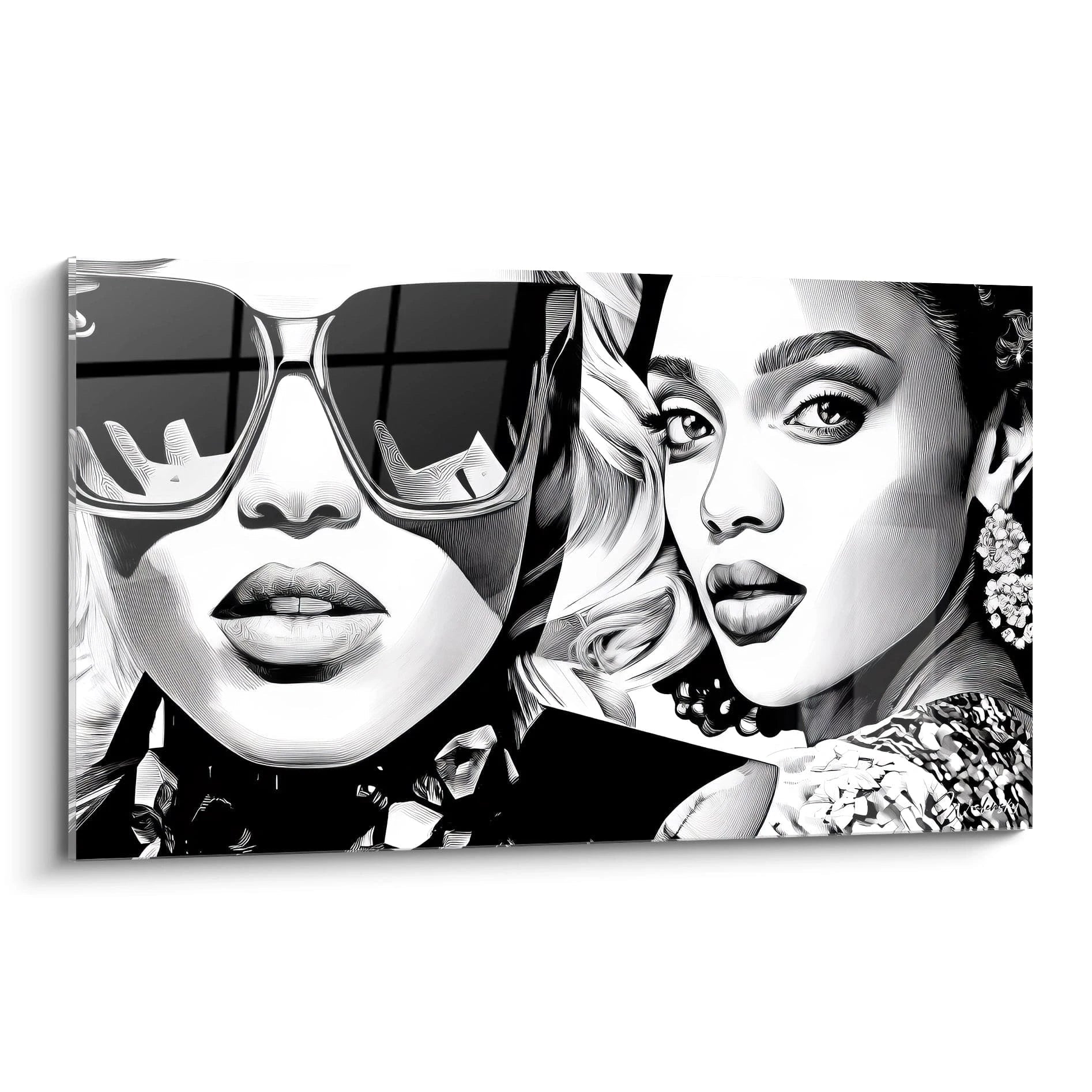 Tableau illustration de mode en noir et blanc mettant en scène deux femmes avec lunettes de soleil élégantes