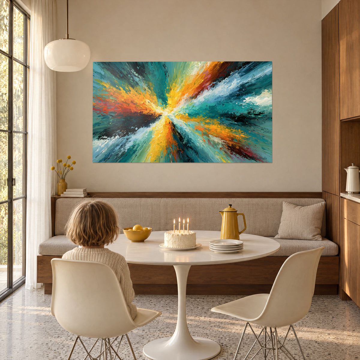 Cuadro estallido radial de óxido y verde agua en empastes, niño de espaldas frente a un pastel, en un salón bañado de luz