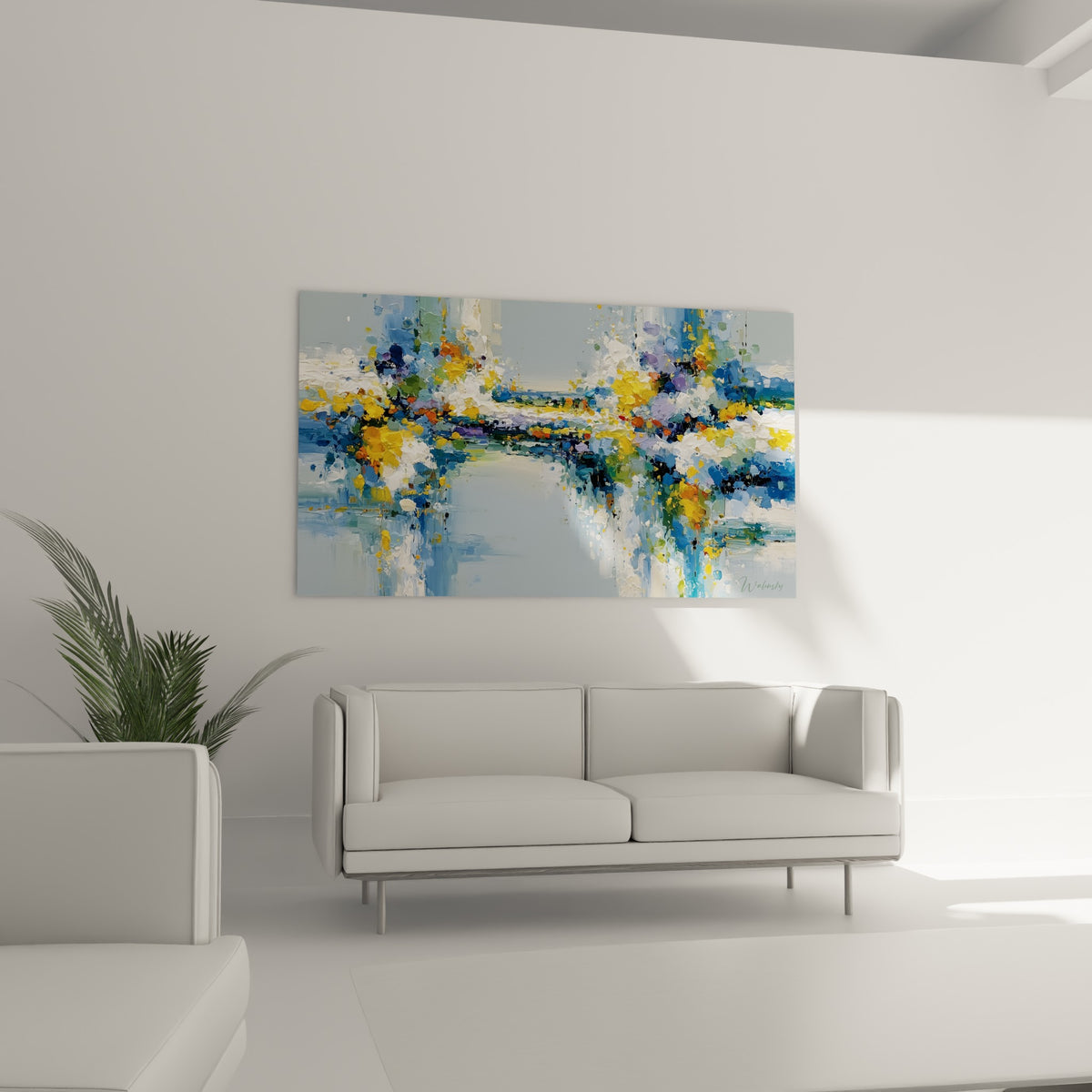 Composition anthracite et jaune doré, style Peinture abstrait, au-dessus d'un canapé dans un salon lumineux