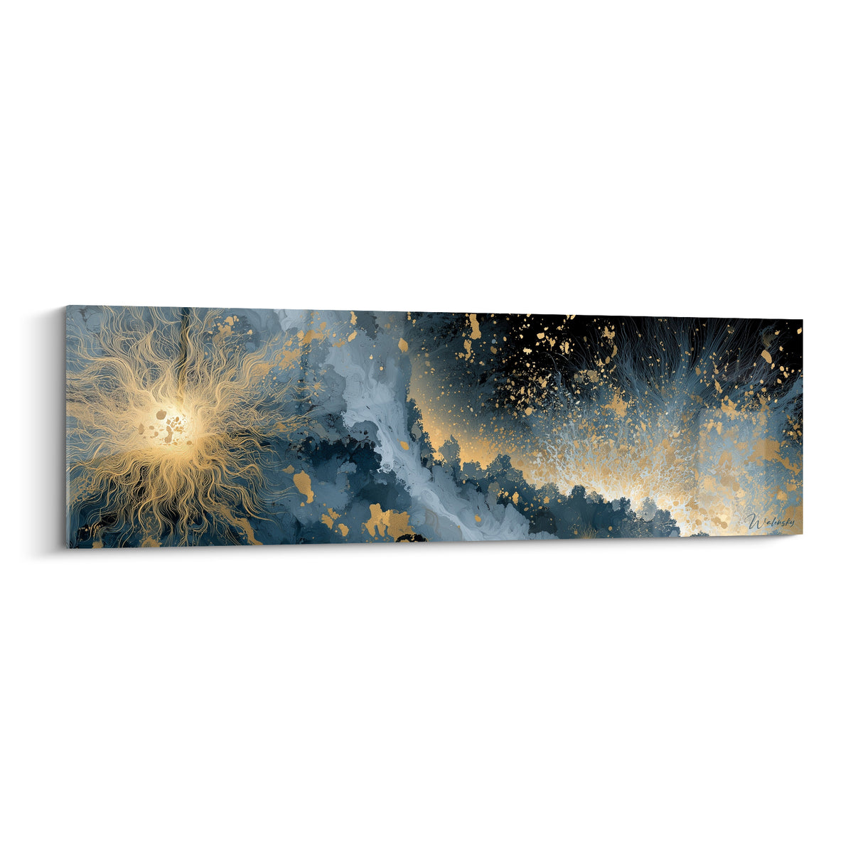 Astre doré filamenteux sur fond bleu marine et noir, style peinture abstraite céleste et lumineuse