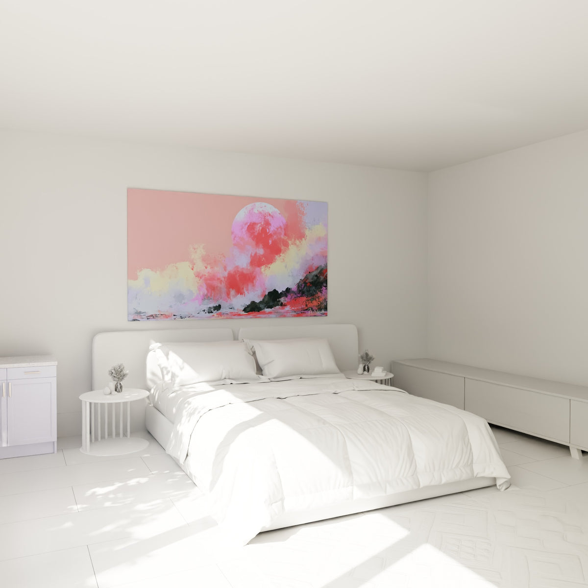 Vague corail et soleil fuchsia peints en touches épaisses, accrochés au-dessus d'un lit dans une chambre claire