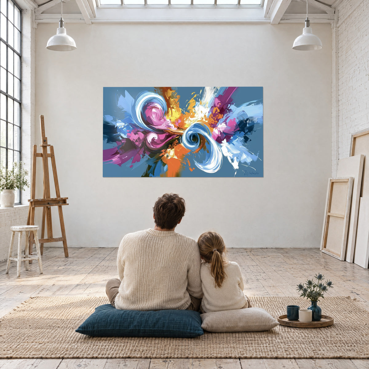 Tableau élan de couleurs vives magenta et bleu roi, deux personnes assises de dos près d'un chevalet dans l'atelier