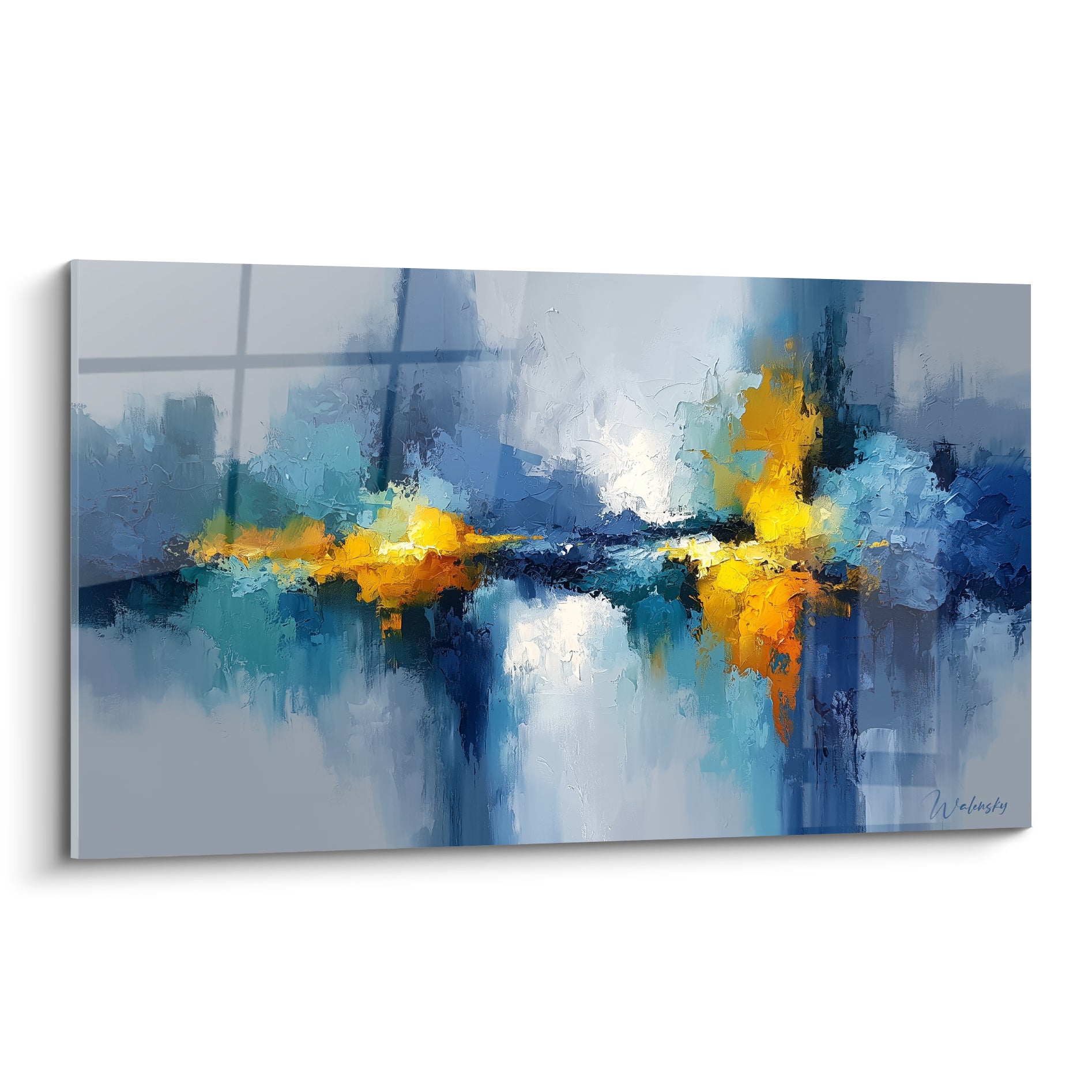Tableau style Peinture abstrait aux reflets bleu marine et dorés, jeu de lumière sur eau agitée