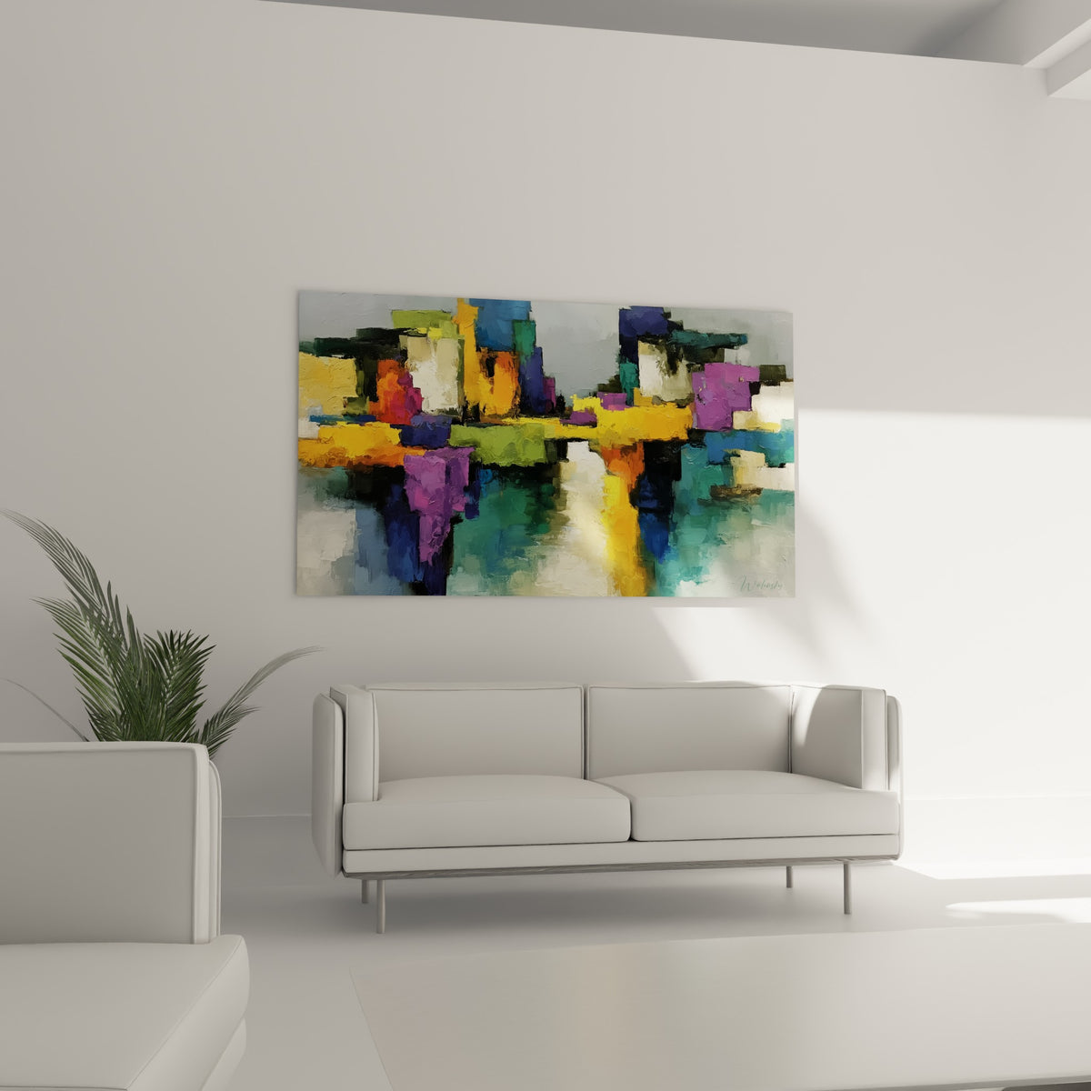 Blocs colorés turquoise et orange formant une cité abstraite, au-dessus d'un canapé dans un salon lumineux