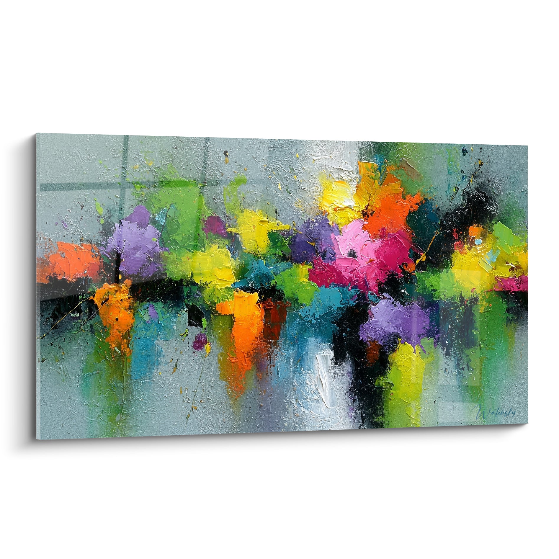 Bouquet abstrait style Peinture abstrait aux touches orange, fuchsia et violet sur fond gris texturé