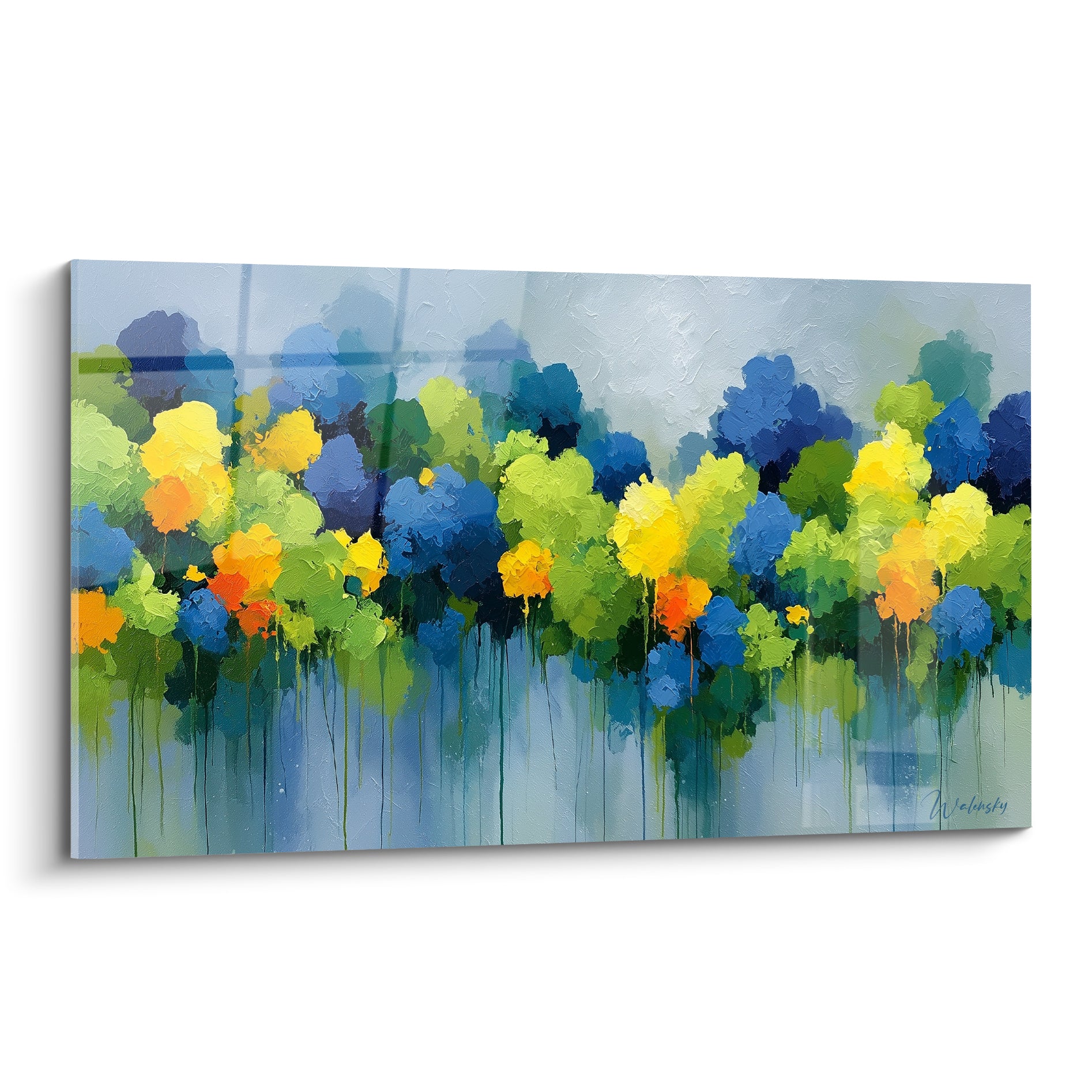 Canopée abstraite en bleu marine, vert sauge et jaune ocre aux coulures verticales sur toile