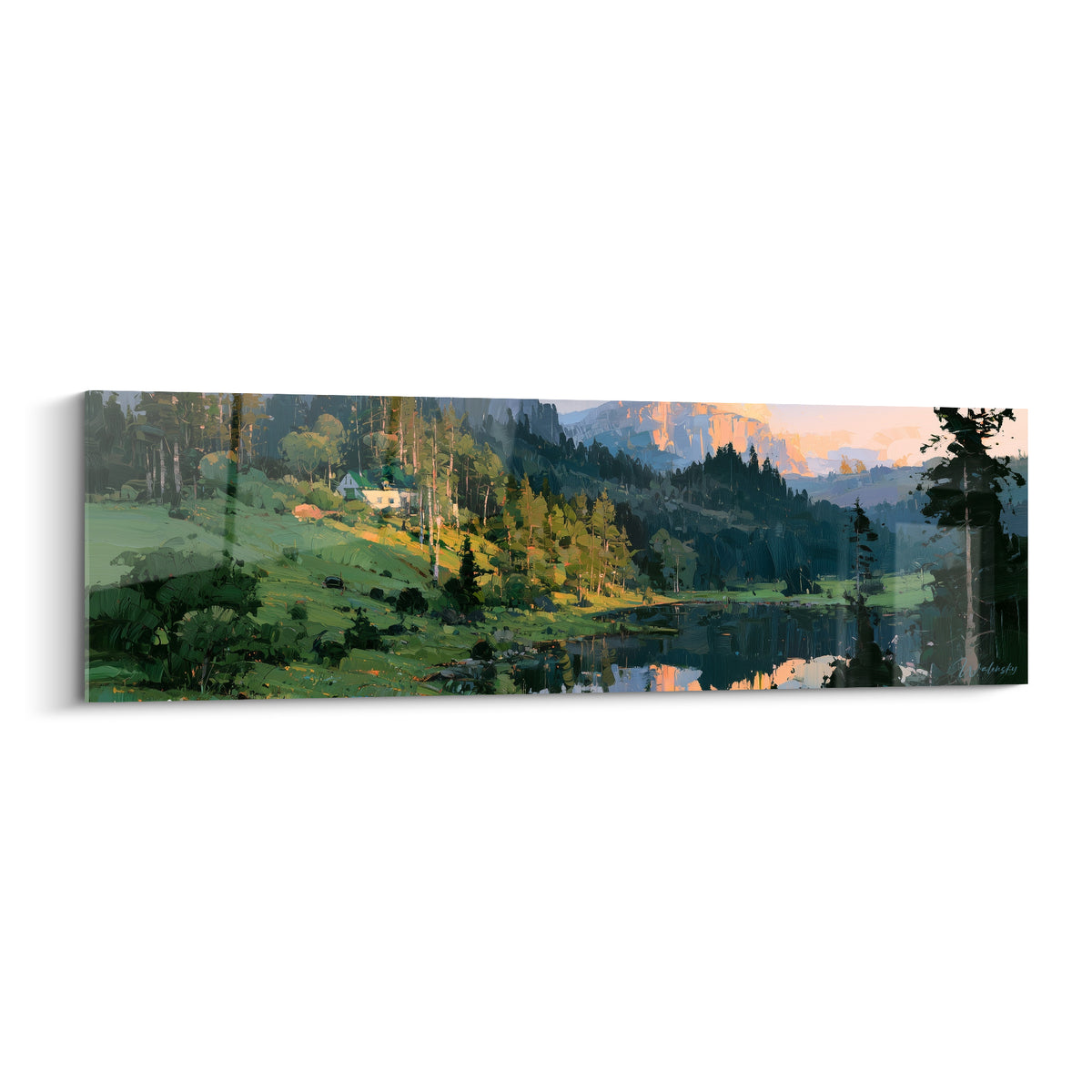 Chalet blanc et forêt verte au bord d'un lac ocre, style peinture abstrait sur toile