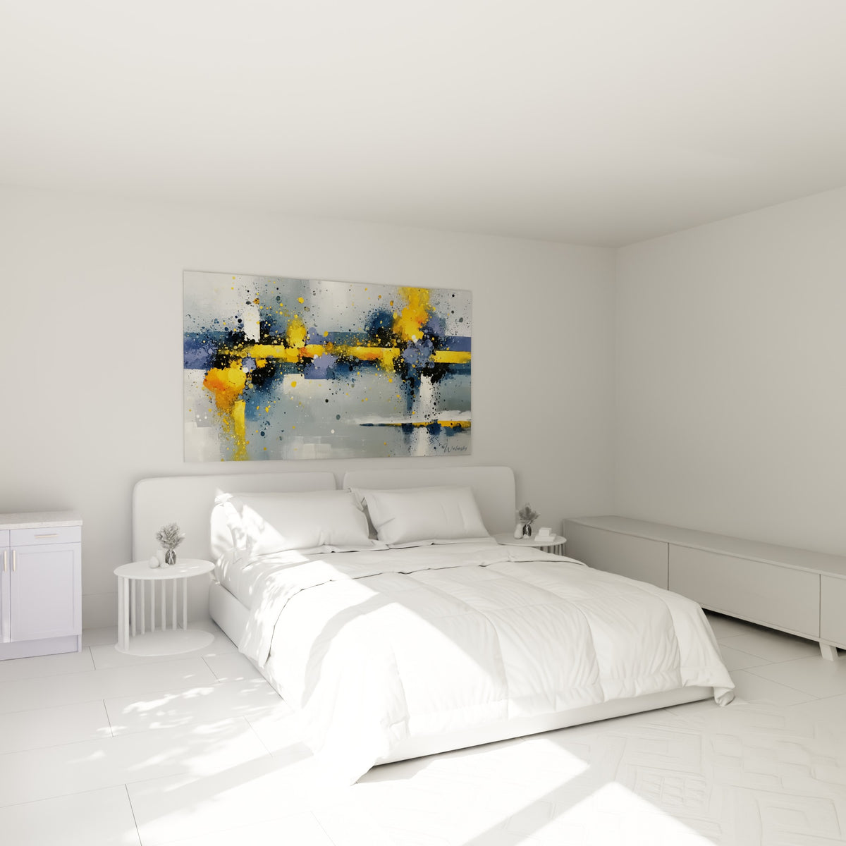 Composition dorée et anthracite du tableau style Peinture abstrait au-dessus d'un lit dans une chambre claire