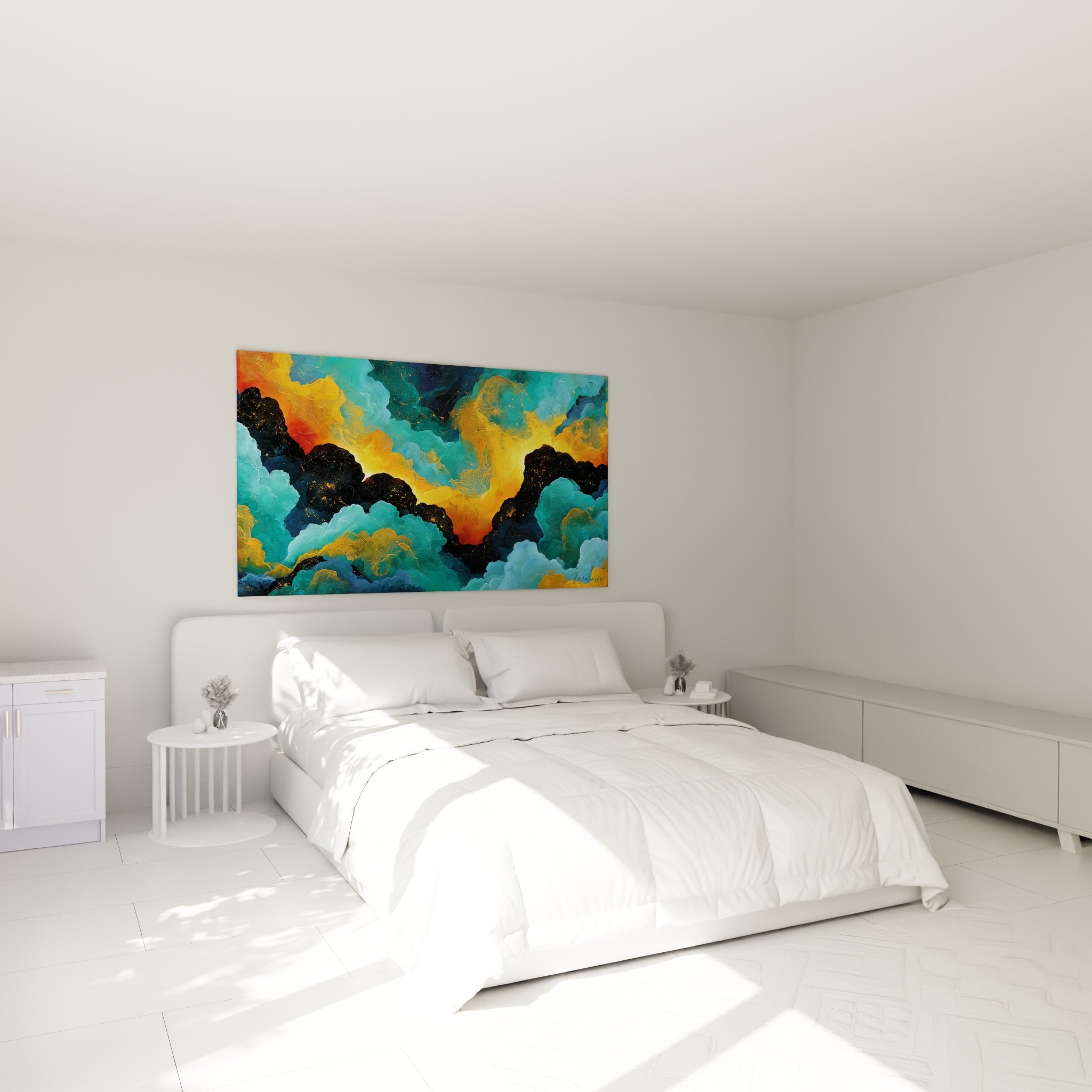 Ciel abstrait turquoise et orangé du tableau style Peinture abstrait, accroché au-dessus d'un lit dans une chambre claire