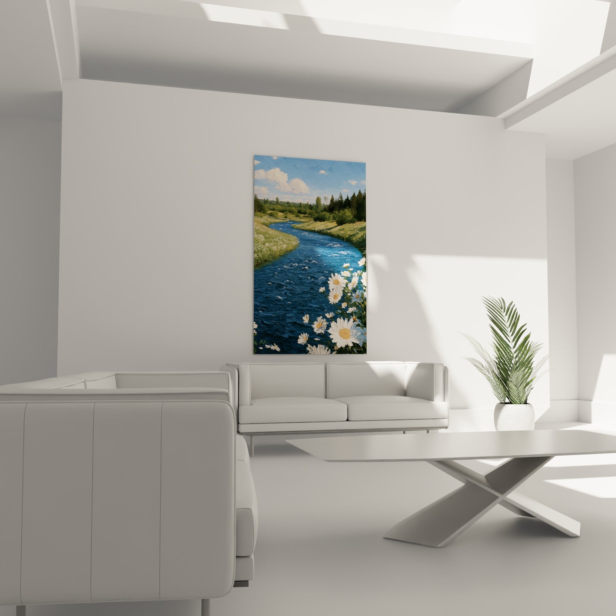 Paysage de rivière bleue et fleurs blanches en peinture texturée, au-dessus d'un canapé dans un salon lumineux