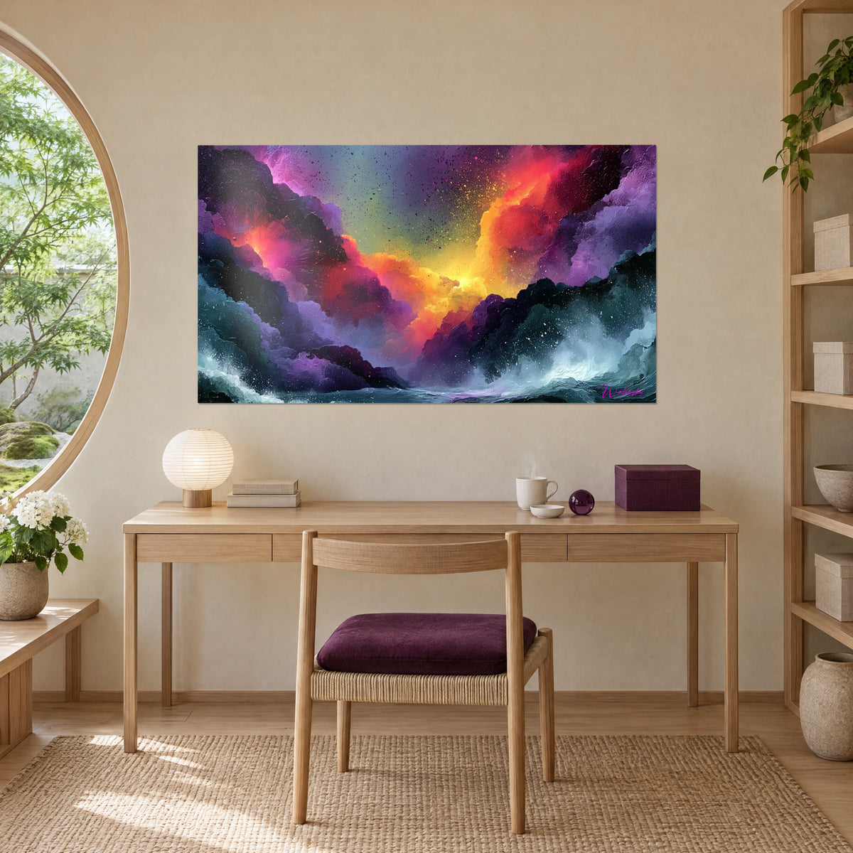 Cuadro paisaje cósmico abstracto, nebulosa naranja, magenta e índigo sobre oleaje turquesa, pared crema sobre un escritorio de madera clara