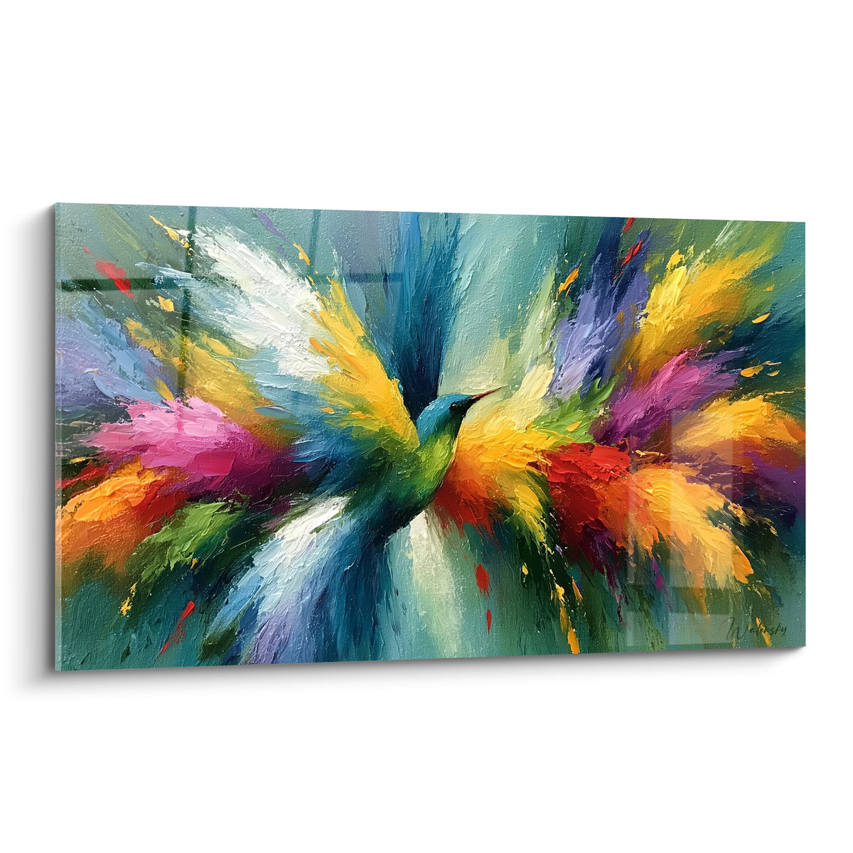 Colibri turquoise et doré aux ailes déployées en éclats de peinture magenta et jaune