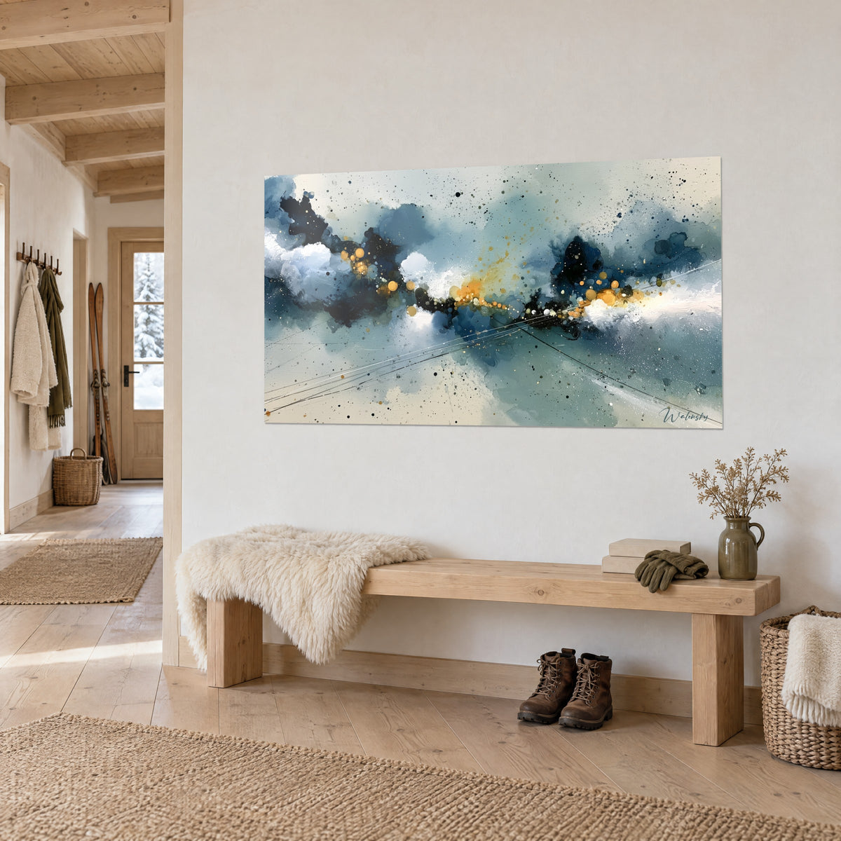 Wall art of an abstract landscape of indigo mist and ochre-gold streaks, black diagonal lines, above a wooden bench in the hallway