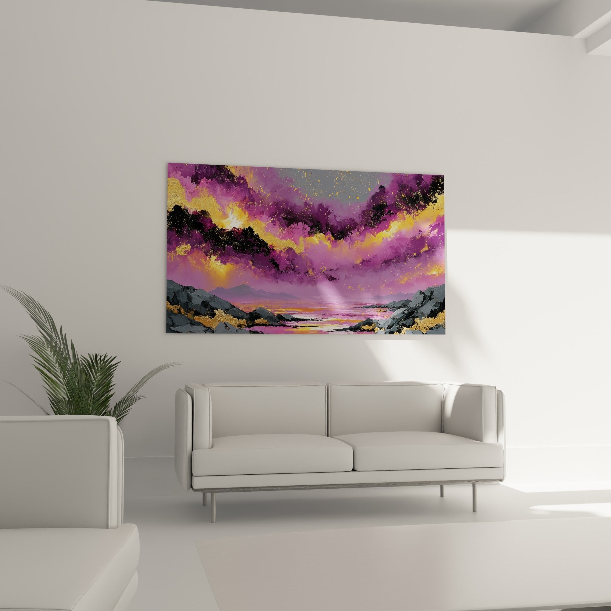 Crépuscule flamboyant violet et doré sur rochers gris, style Peinture abstrait au-dessus d'un canapé dans un salon lumineux