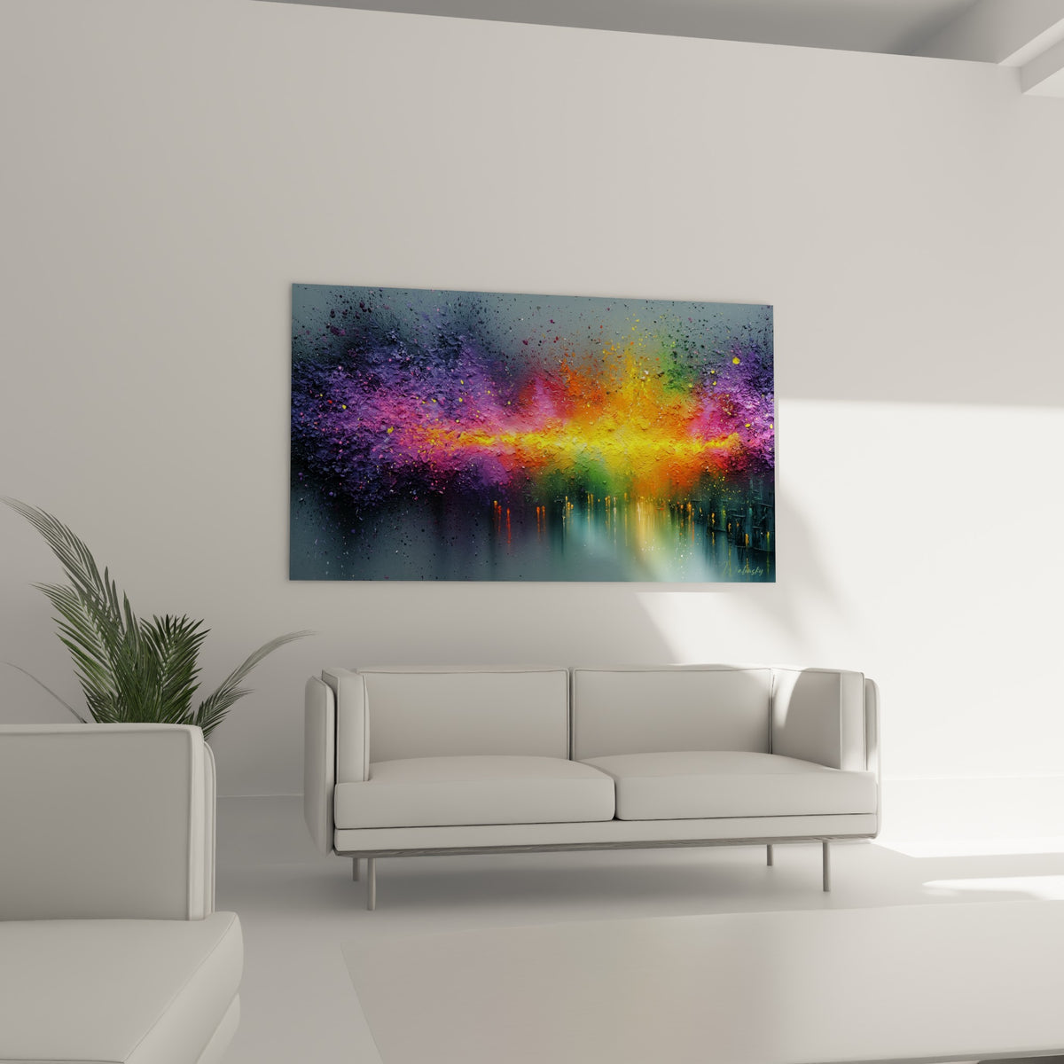 Déflagration colorée orange et magenta du tableau style Peinture abstrait au-dessus d'un canapé dans un salon lumineux