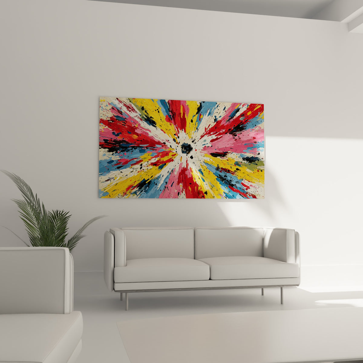 Déflagration chromatique rouge et bleue en spatule épaisse, style Peinture abstrait, au-dessus d'un canapé dans un salon lumineux