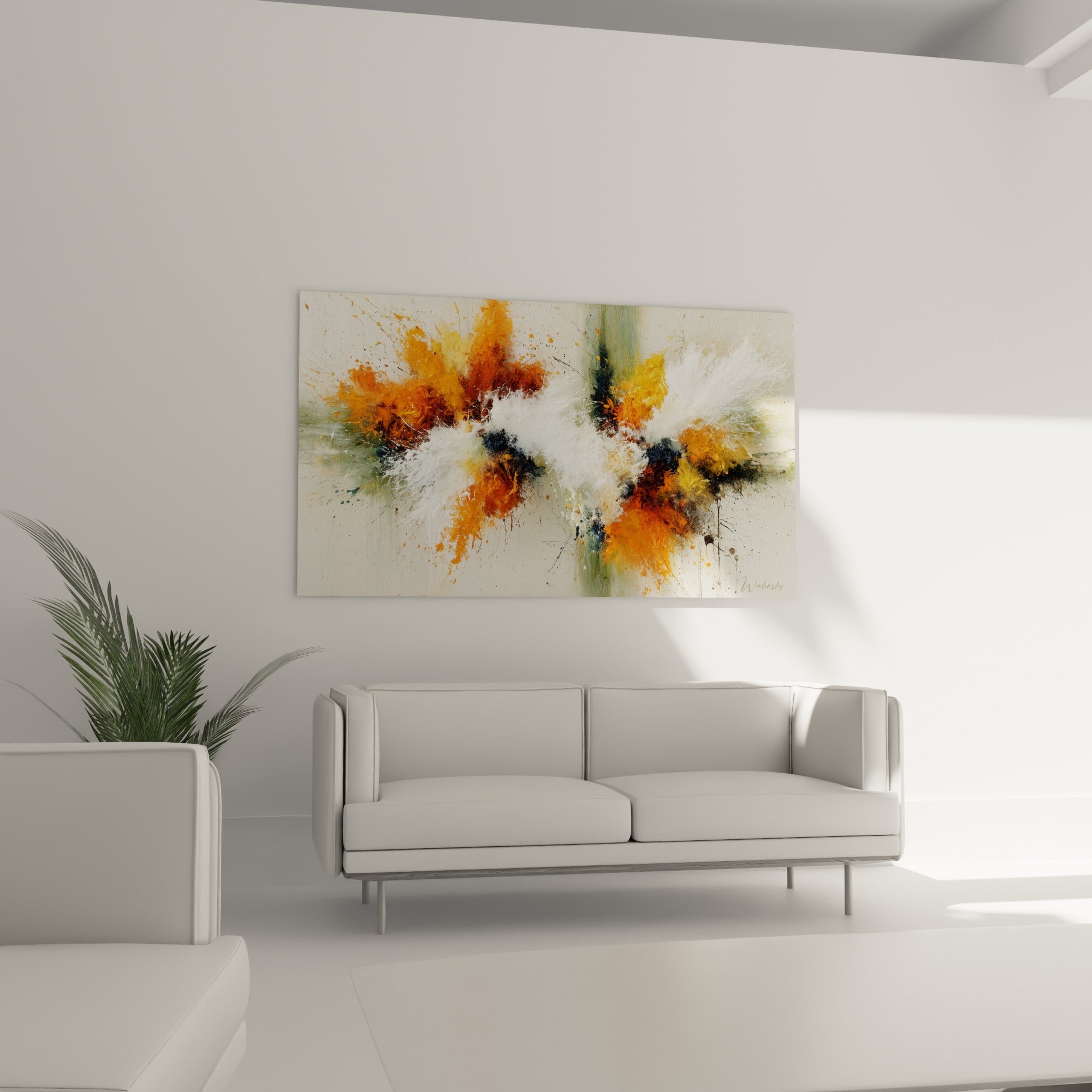 Déflagration colorée du style peinture abstrait au-dessus d'un canapé dans un salon lumineux