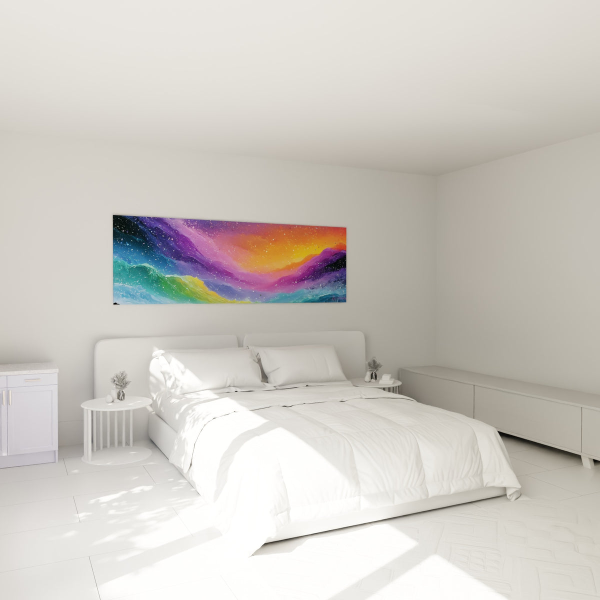 Déferlante violette et dorée du style Peinture abstrait accrochée au-dessus d'un lit dans une chambre claire