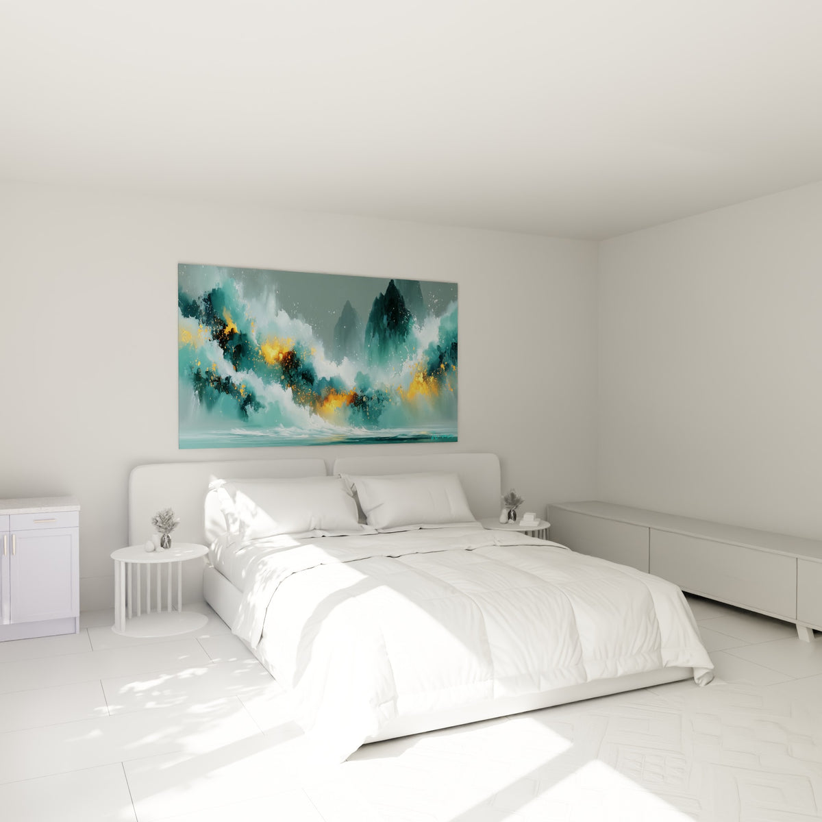 Éclats orangés traversant une vague turquoise, accrochée au-dessus d'un lit dans une chambre claire