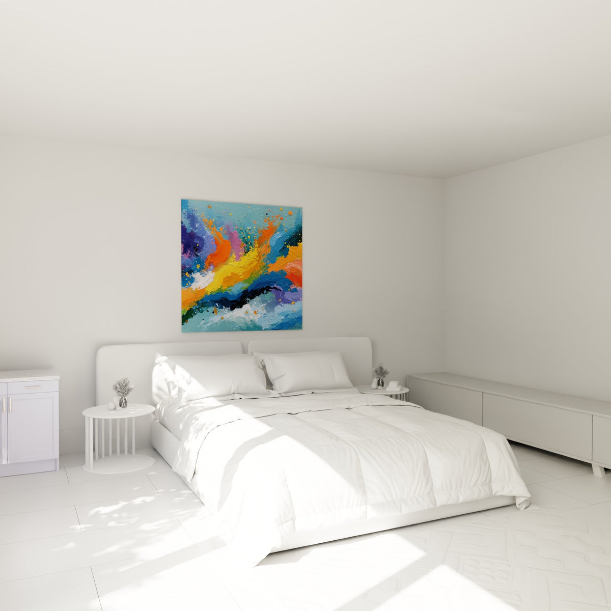 Éclaboussures jaunes et violettes de ce style Peinture abstrait au-dessus d'un lit dans une chambre claire