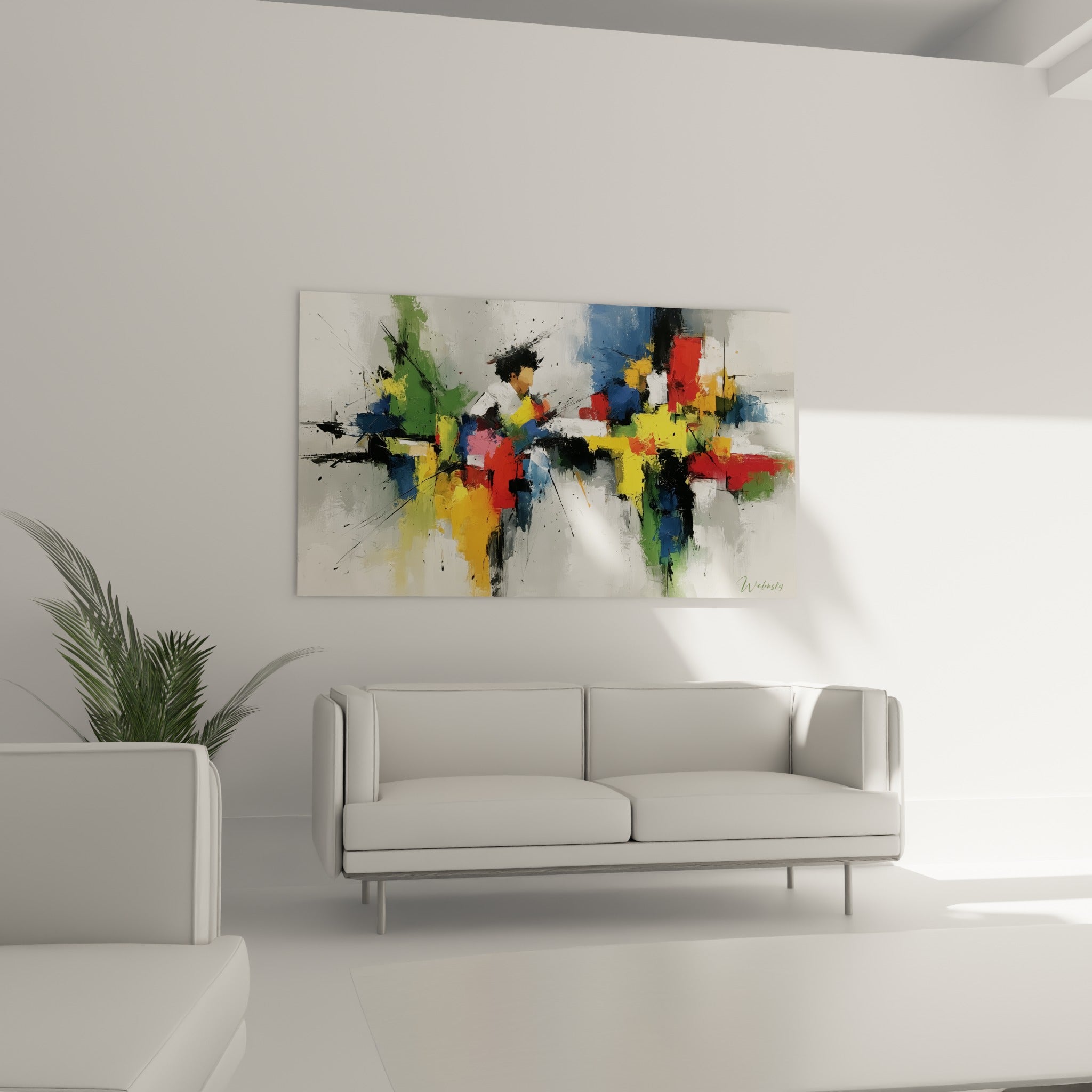 Composition éclatée en rouge et jaune du style Peinture abstrait, au-dessus d'un canapé dans un salon lumineux