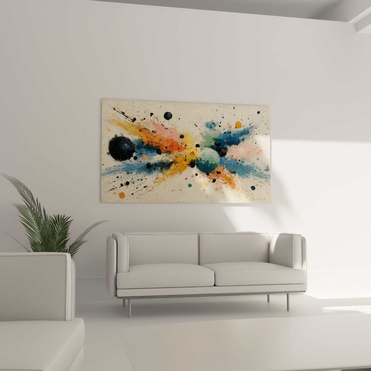 Formes sphériques ocre et turquoise animent ce style Peinture abstrait au-dessus d'un canapé dans un salon lumineux