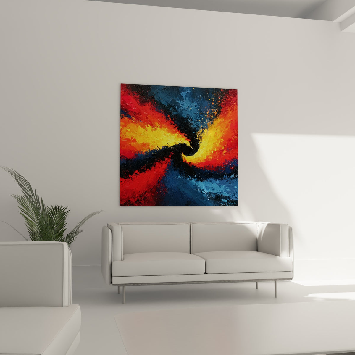 Embrasement orangé jaillissant du bleu profond, style Peinture abstrait au-dessus d'un canapé dans un salon lumineux