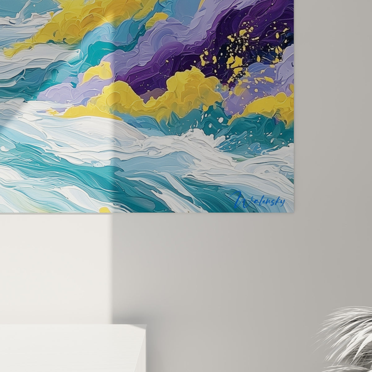 Empâtements épais mêlant violet profond et jaune doré, matière sculpturale du style Peinture abstrait