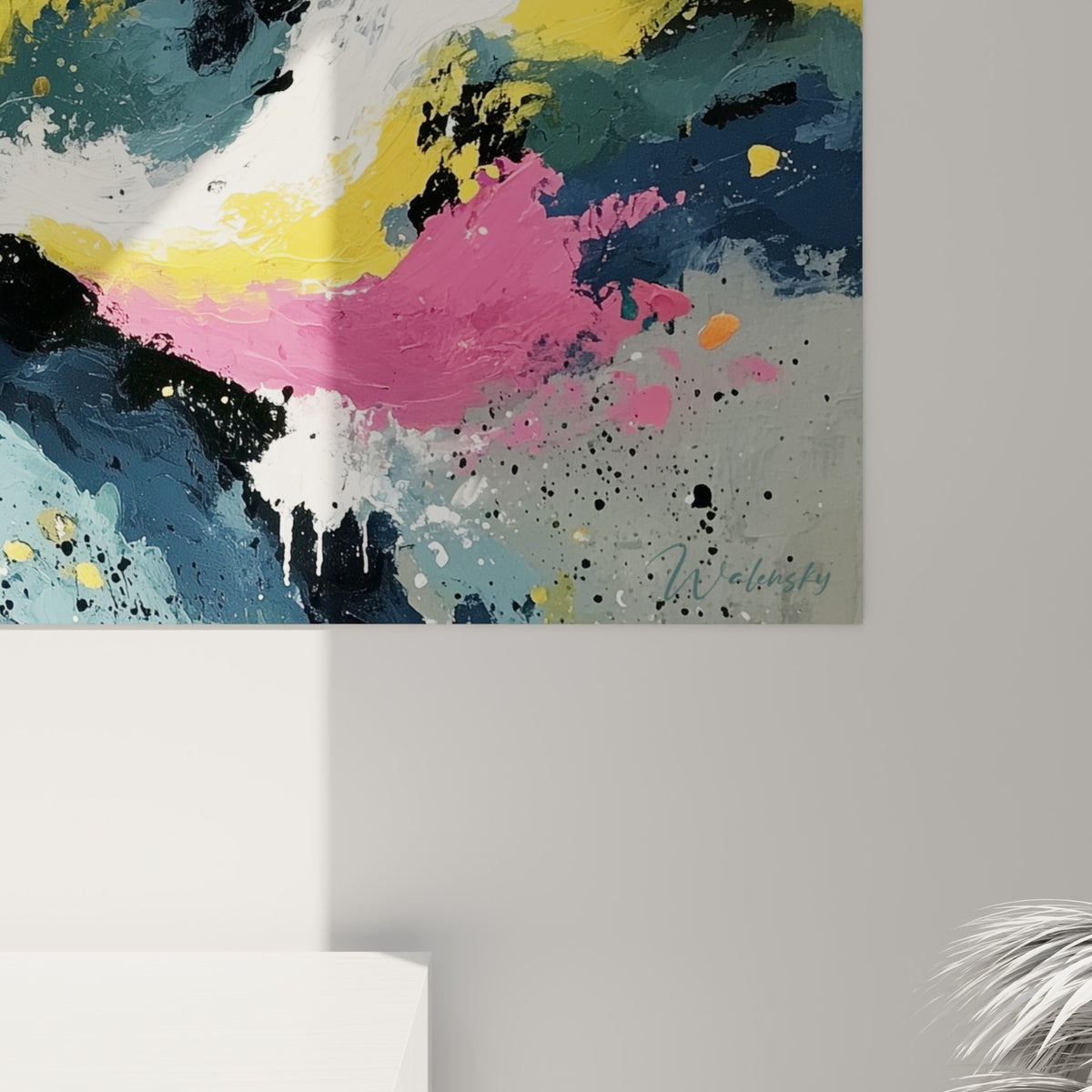 Empâtements épais jaune moutarde, rose fuchsia et noir profond du style Peinture abstrait, matière visible