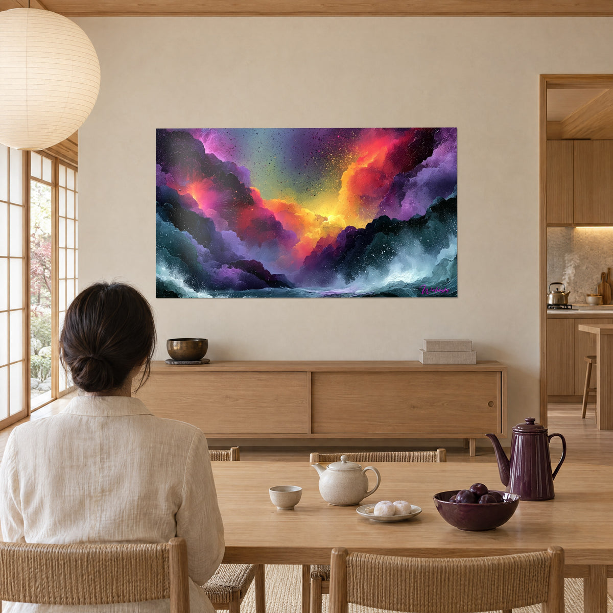 Cuadro explosión de color pintada con espátula, amarillo intenso, violeta lavanda y verde oscuro, comedor japandi, mujer de espaldas