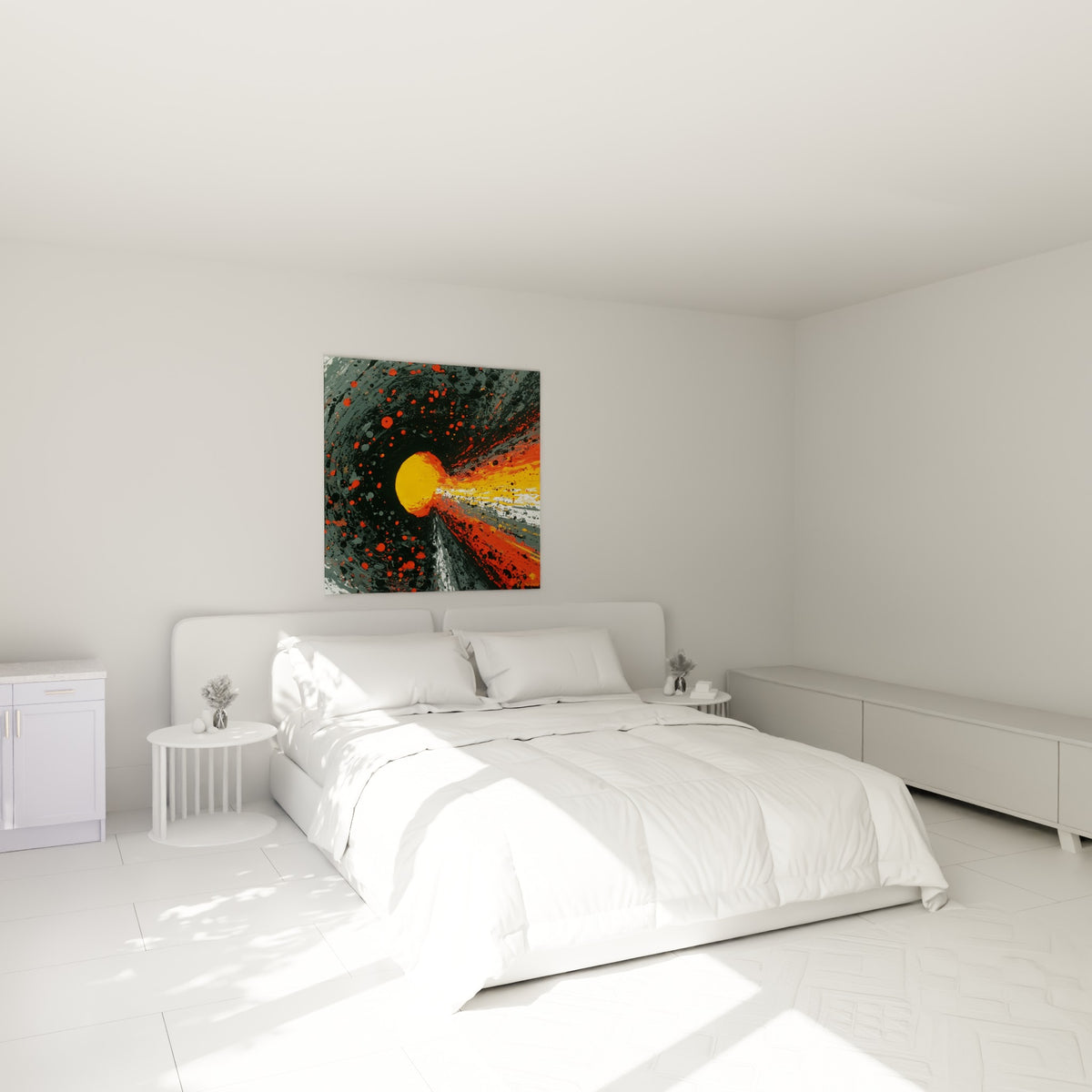 Explosion orange et anthracite façon style peinture abstrait, accrochée au-dessus d'un lit dans une chambre claire