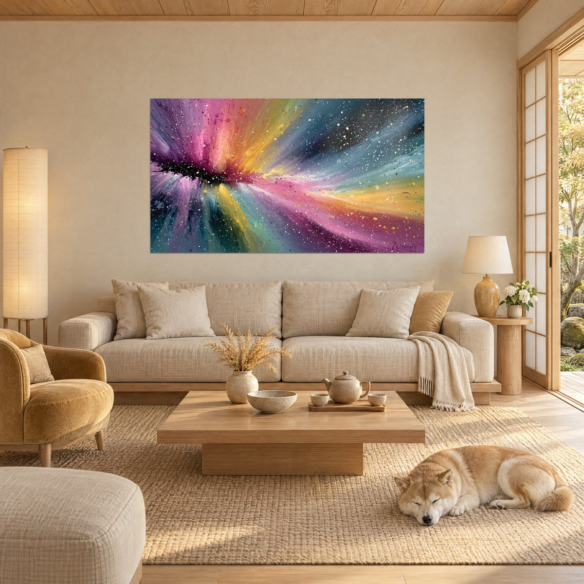 Gemälde Nebel aus rosa, gelben und blaugrünen Spritzern, schlafender Shiba auf dem Teppich vor einem Sofa in einem hellen Wohnzimmer