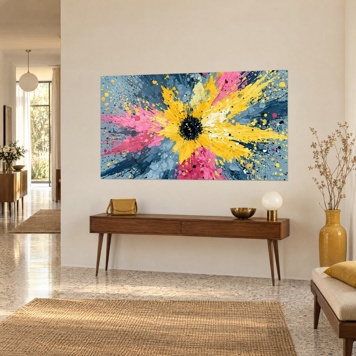 Wall art brilliant bloom with a black center, lemon yellow and fuchsia impasto strokes on a grey-blue background, wooden console and ochre vase