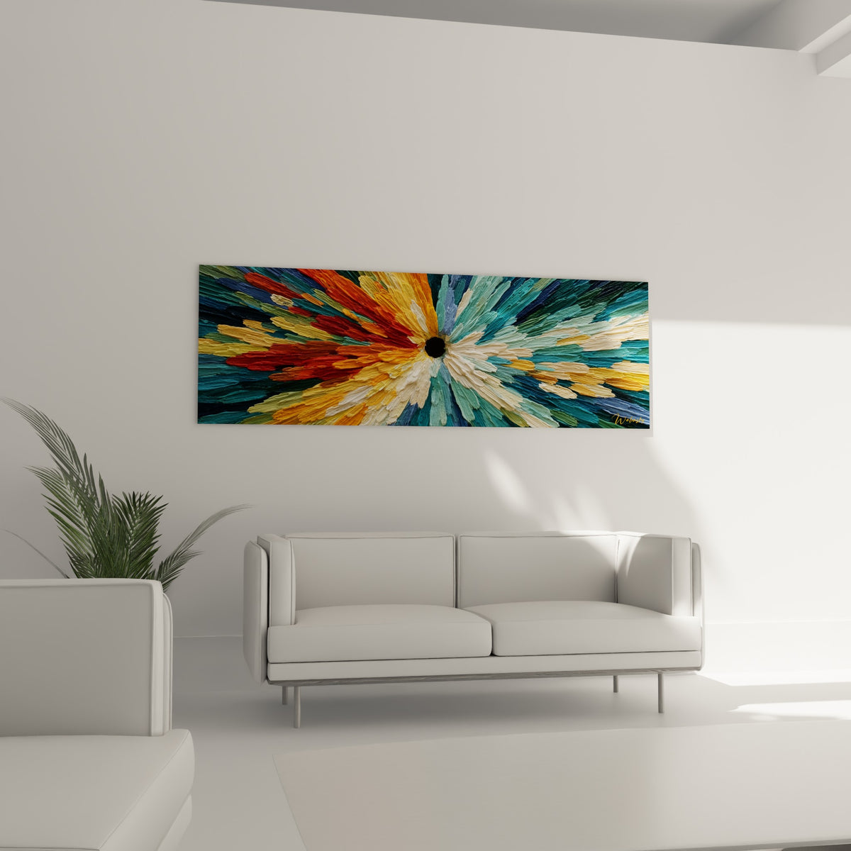 Corolle abstraite aux tons ocre et bleu marine, empâtements en relief, tableau au-dessus d'un canapé dans un salon lumineux