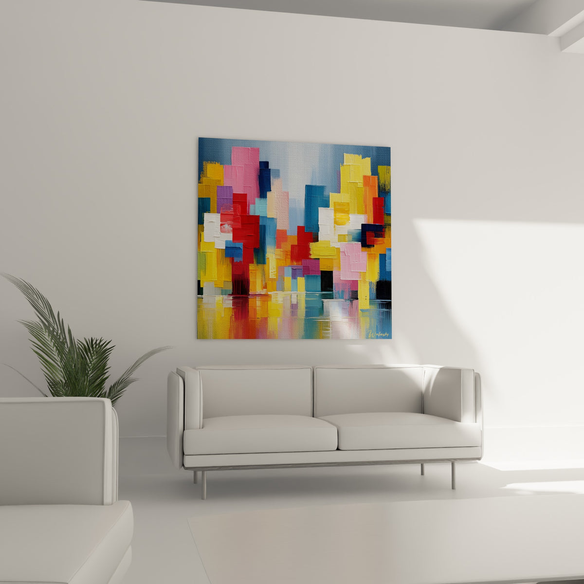 Façades géométriques rose poudré et orange dominant un canapé dans un salon lumineux et actuel