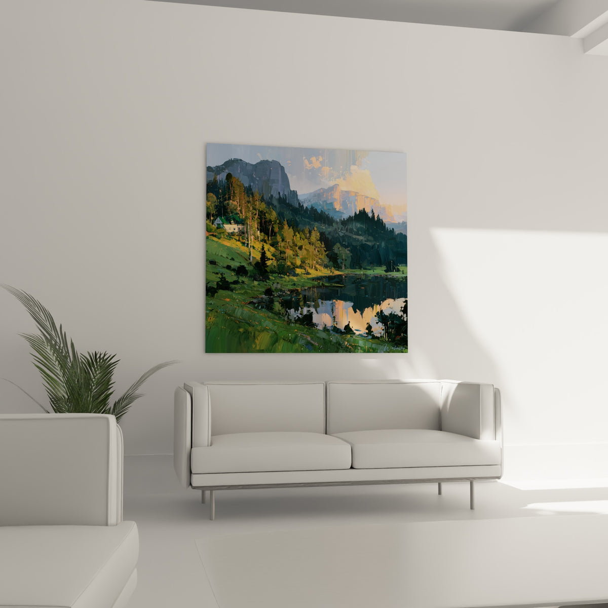 Falaises orangées et prairie verte du style Peinture abstrait, au-dessus d'un canapé dans un salon lumineux