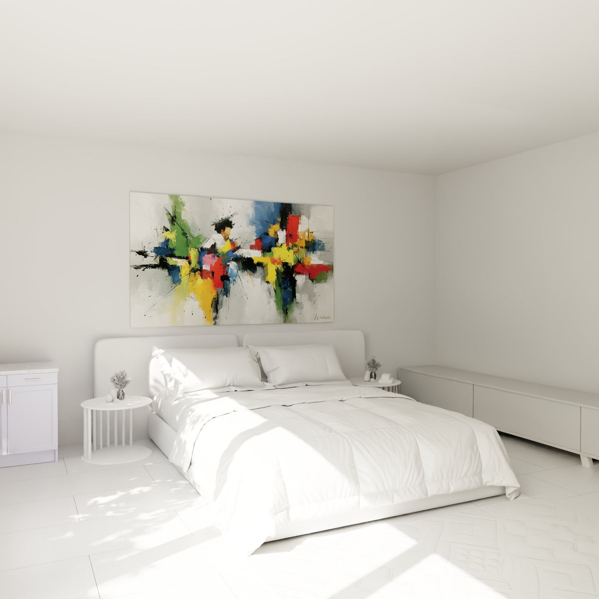 Figure fragmentée en jaune et bleu marine du style Peinture abstrait, au-dessus d'un lit dans une chambre claire