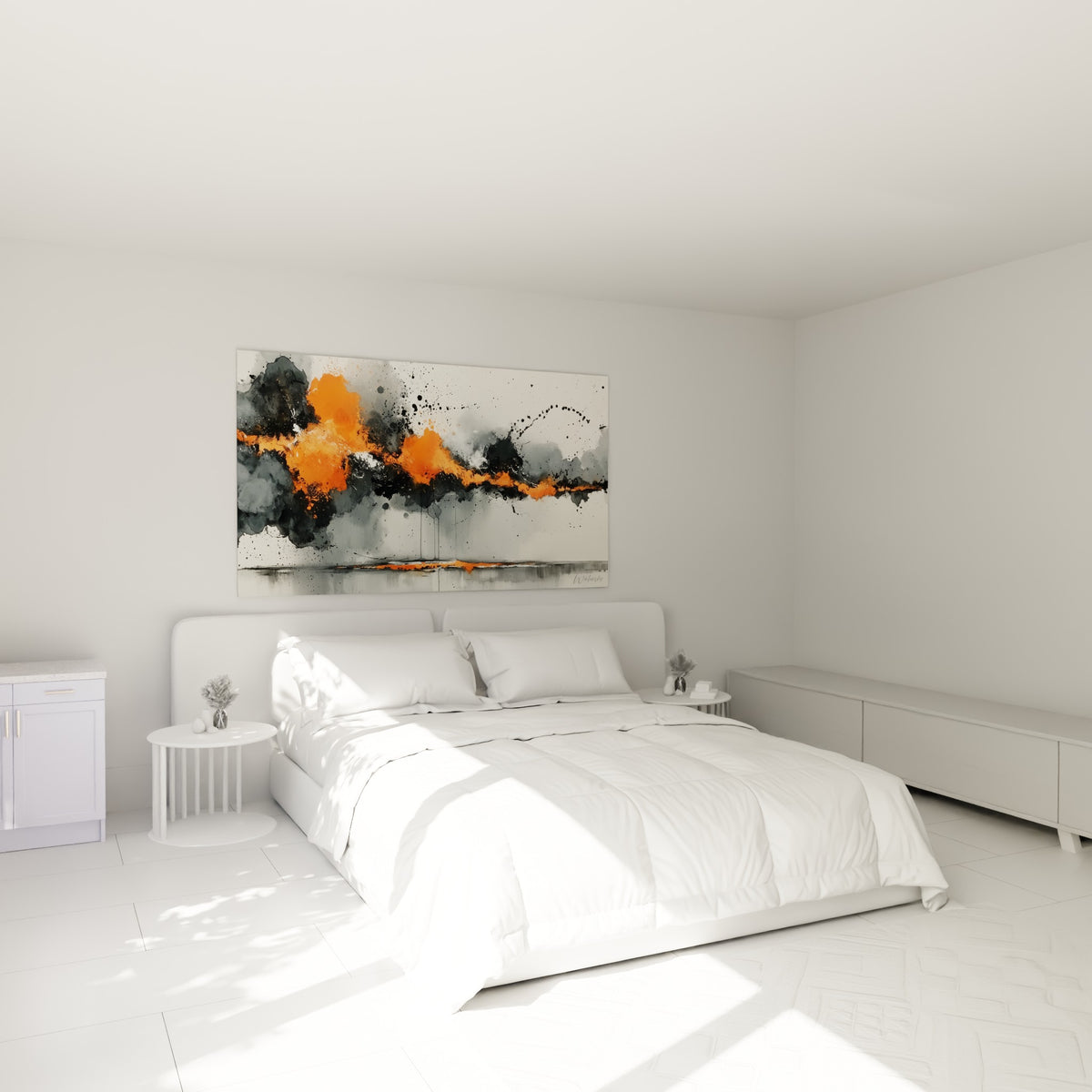Ligne de flammes orange sur fond anthracite accrochée au-dessus d'un lit dans une chambre claire