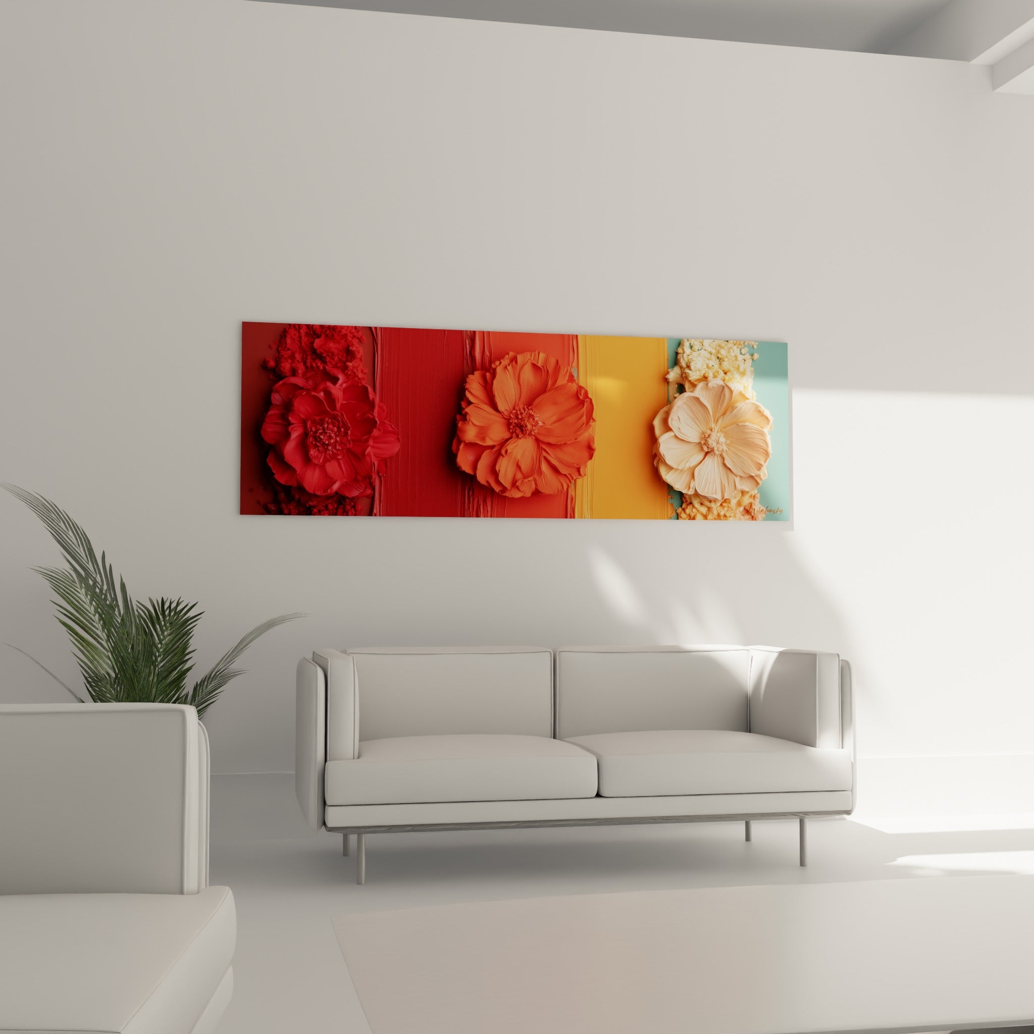 Pétales texturés orangé et bleu sauge disposés au-dessus d'un canapé dans un salon lumineux