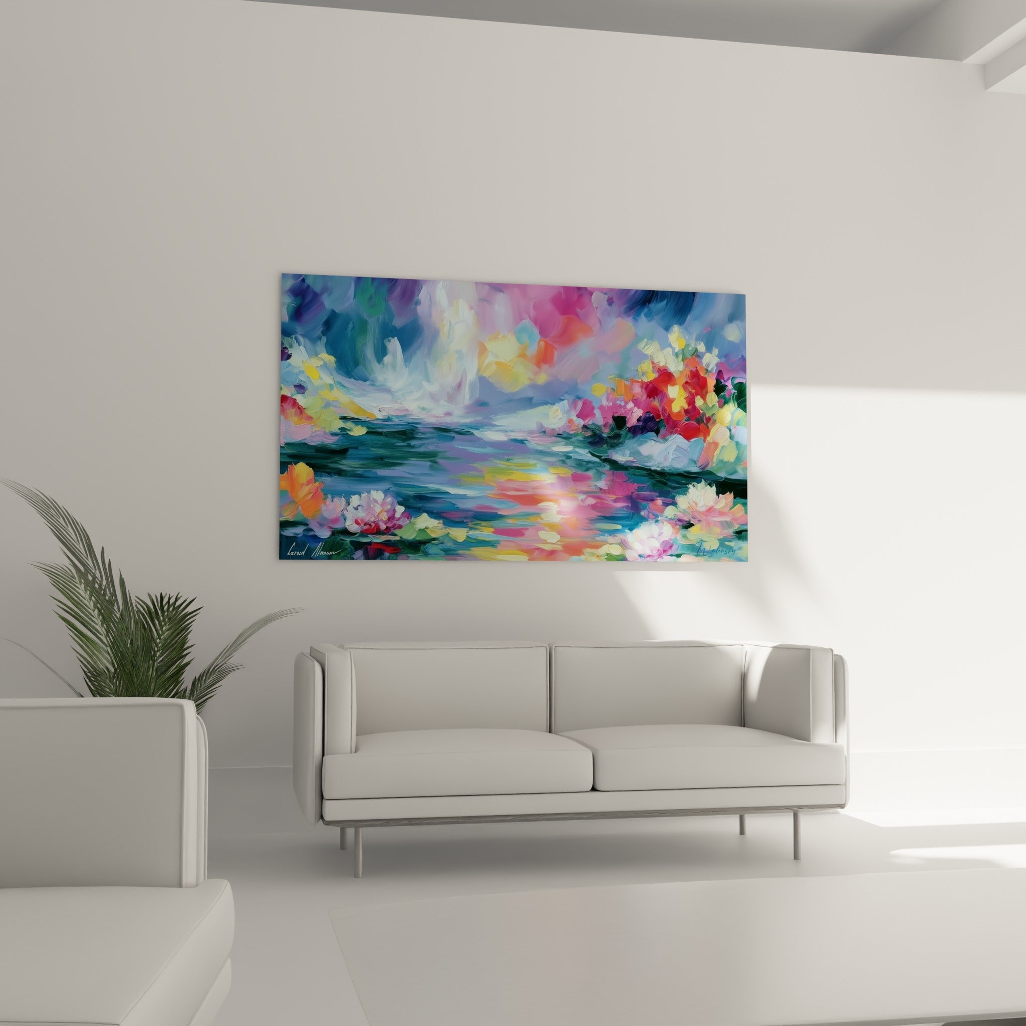 Fleurs éclatantes en rouge et orange sur fond bleu marine, style Peinture abstrait, au-dessus d'un canapé dans un salon lumineux