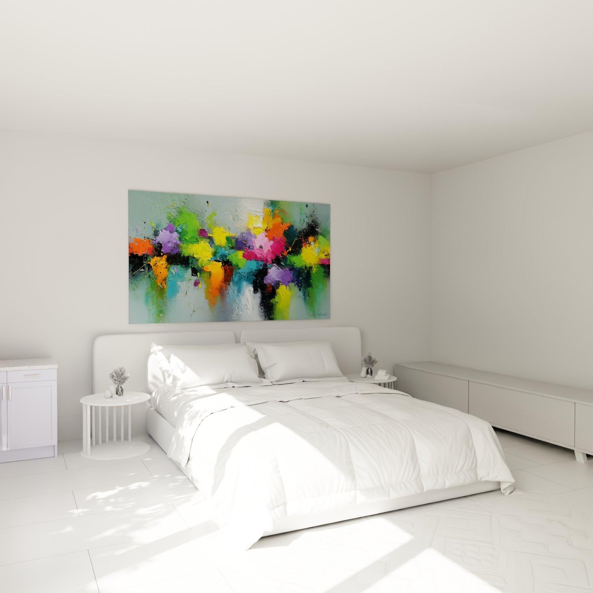 Fleurs abstraites orange et vertes, style Peinture abstrait, au-dessus d'un lit dans une chambre claire