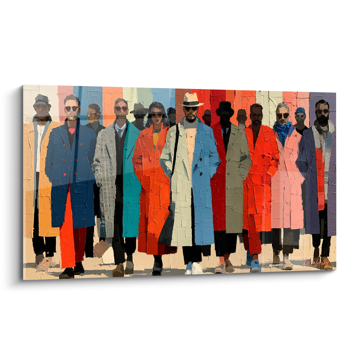 Foule aux manteaux bleu marine et orange corail, texture épaisse, tableau style Peinture abstrait