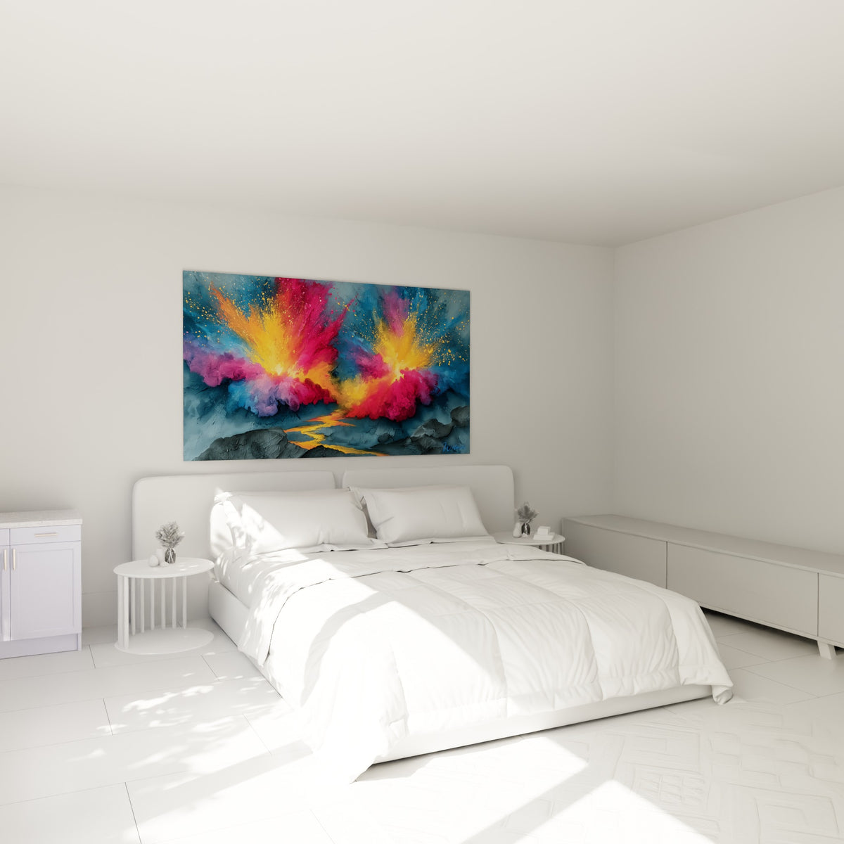 Geysers dorés et pourpres sur roche sombre, accrochés au-dessus d'un lit dans une chambre claire.
