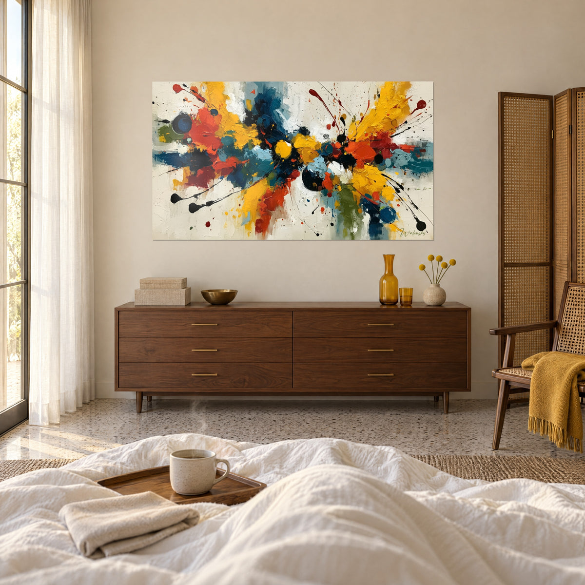 Tableau gerbe de touches jaunes, rouges et bleues sur fond ivoire, épais empâtements, au-dessus d'un lit dans une chambre claire