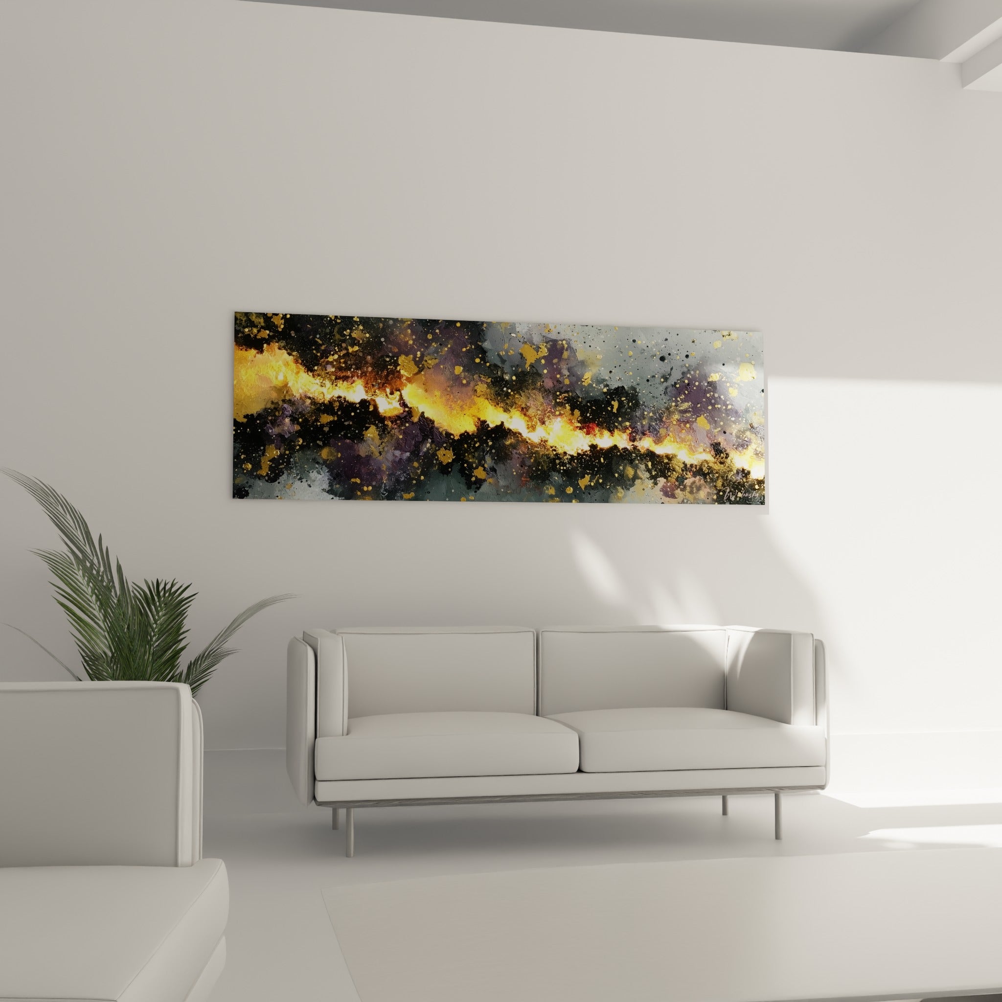 Ligne incandescente or et orangé sur fond gris sombre, style Peinture abstrait au-dessus d'un canapé dans un salon lumineux