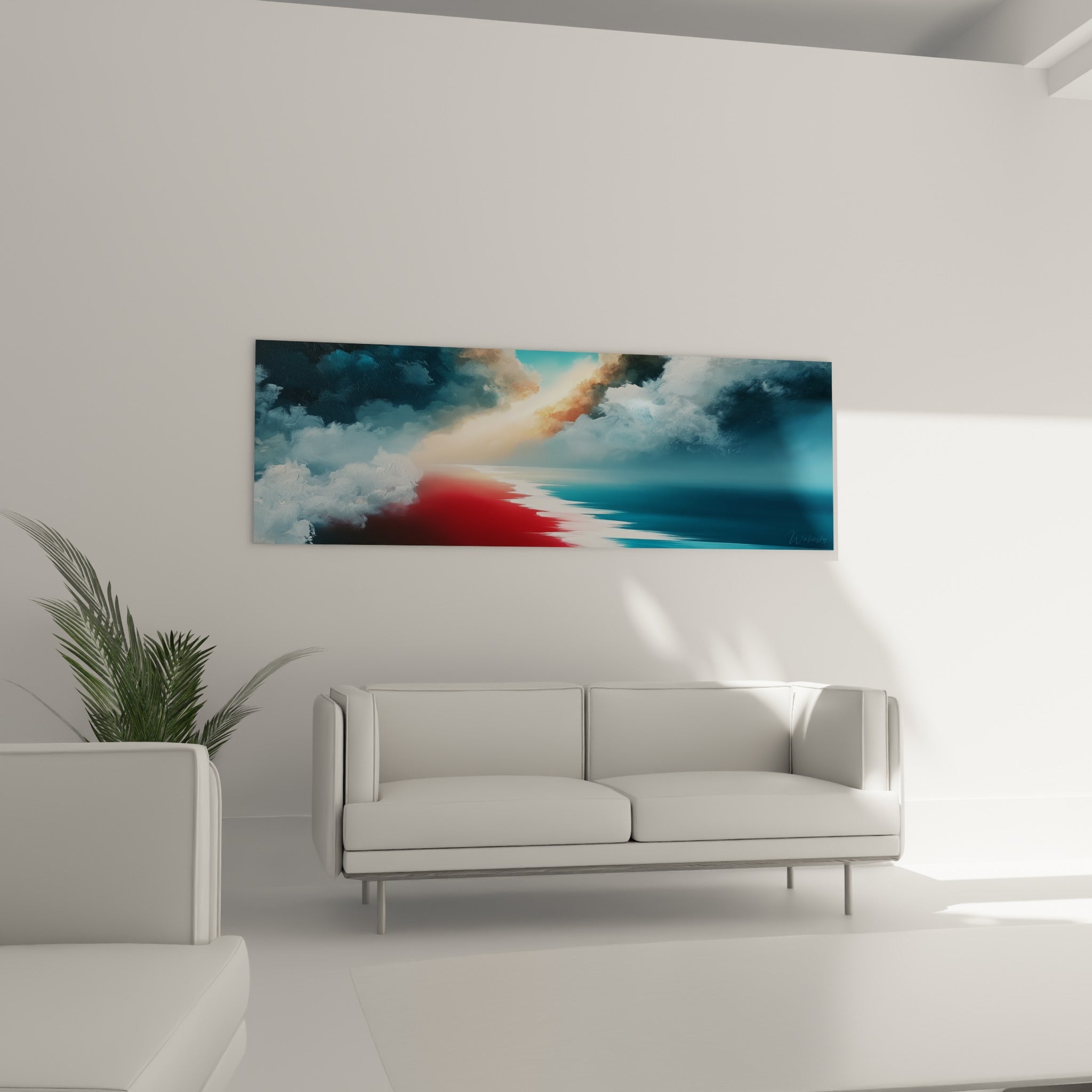 Percée lumineuse orangée entre ciel bleu marine et mer rouge au-dessus d'un canapé dans un salon lumineux