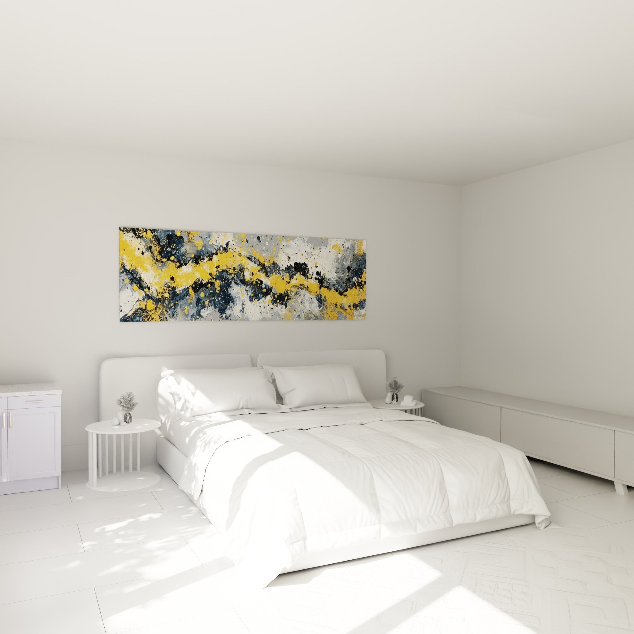 Éclaboussures dorées et bleu marine du tableau style Peinture abstrait au-dessus d'un lit dans une chambre claire